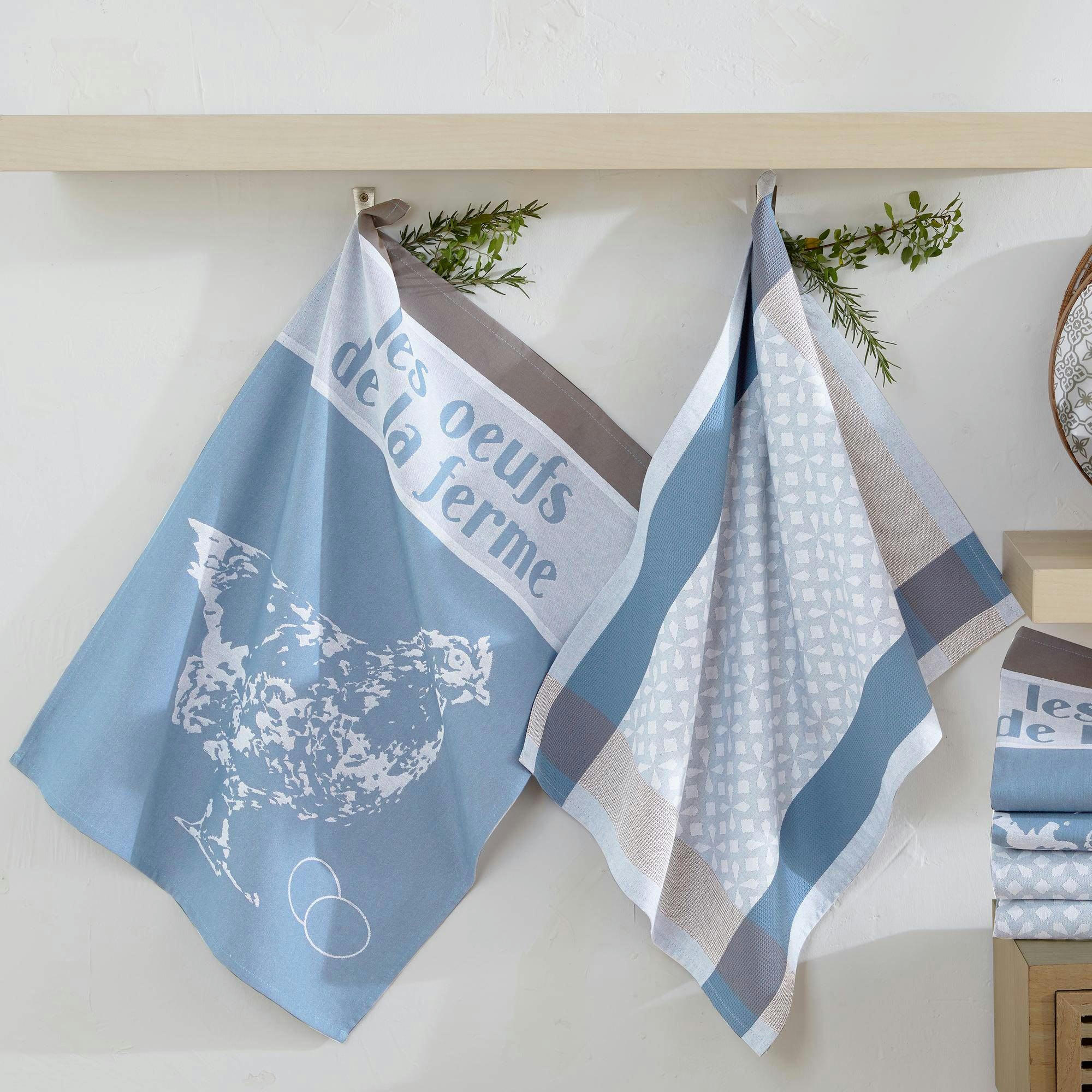 POULETTE - Lot de 3 torchons 50x70 bleu en coton
