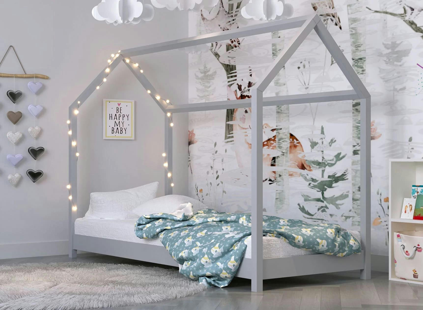 AXEL - Lit cabane 90x200 en pin massif Gris