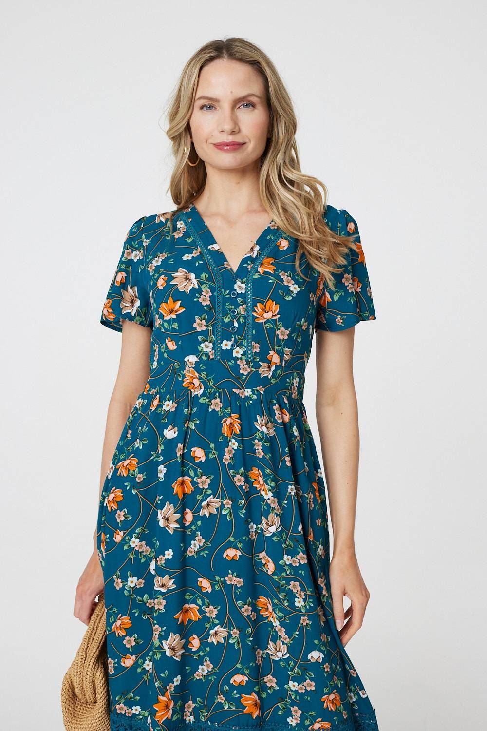 Izabel London Floral Lace Trim Short Sleeve Midi Dress