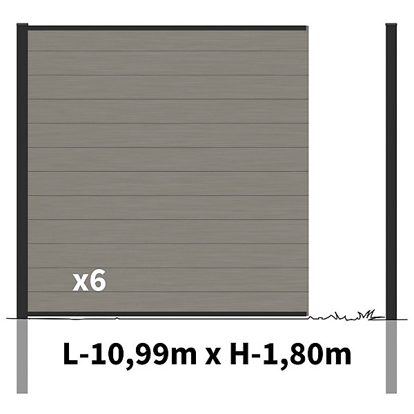 Kit Clôture Bois Composite Platine 11x1,8m RIO - Poteaux en Aluminium Noir - Brise Vue - Palissade