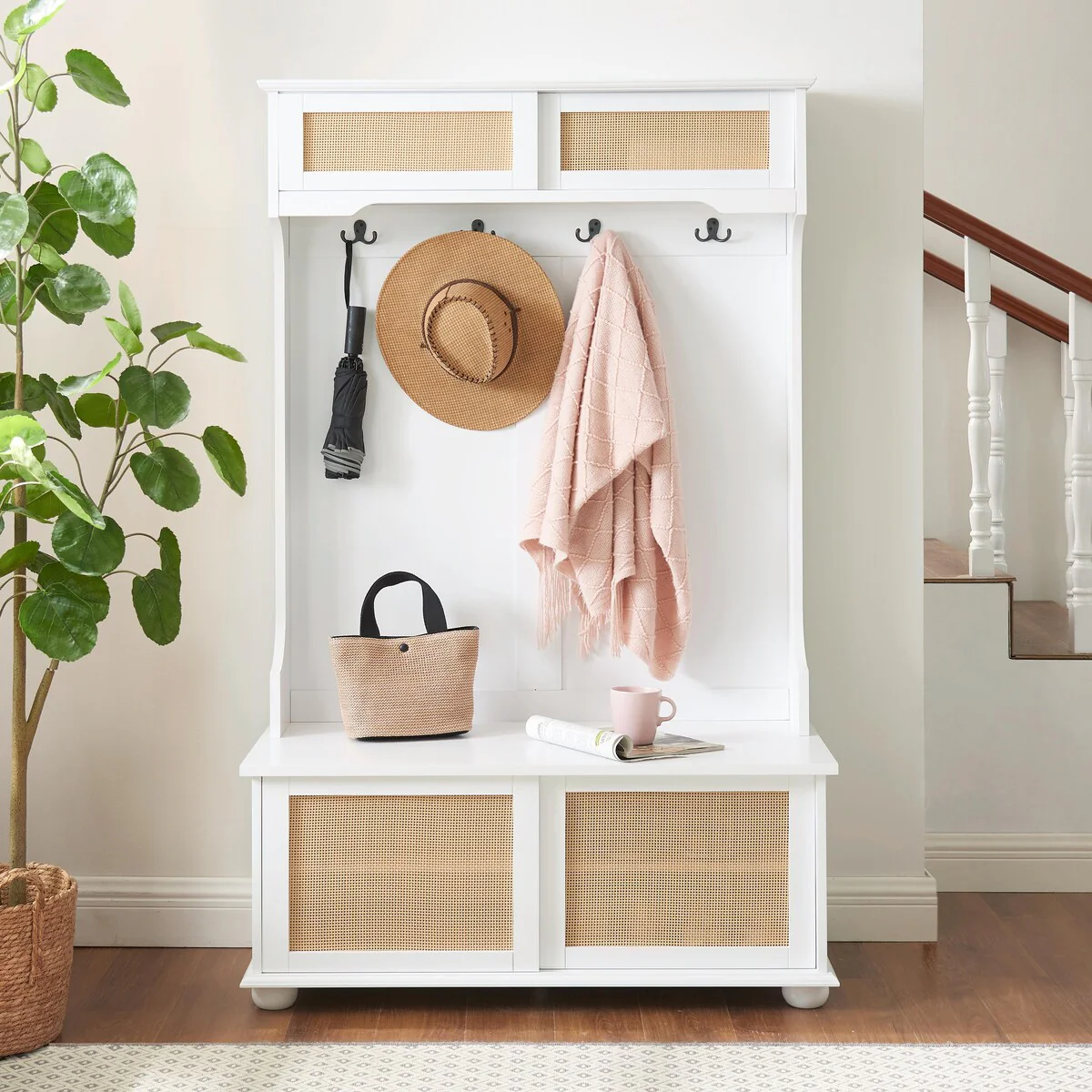 Casual Style Hall Tree Entryway Bench with Rattan Door Shelves and Shoe Cabinets