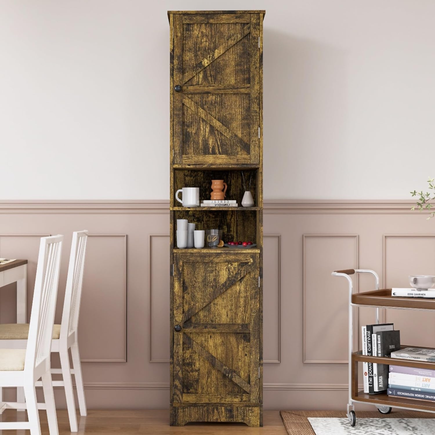 Viaozutis Tall Bathroom Storage Cabinet, Vertical Freestanding Organizer with Adjustable Shelf, Slim Design for Small Bathrooms, Towels & Toiletries Storage Retro Colors