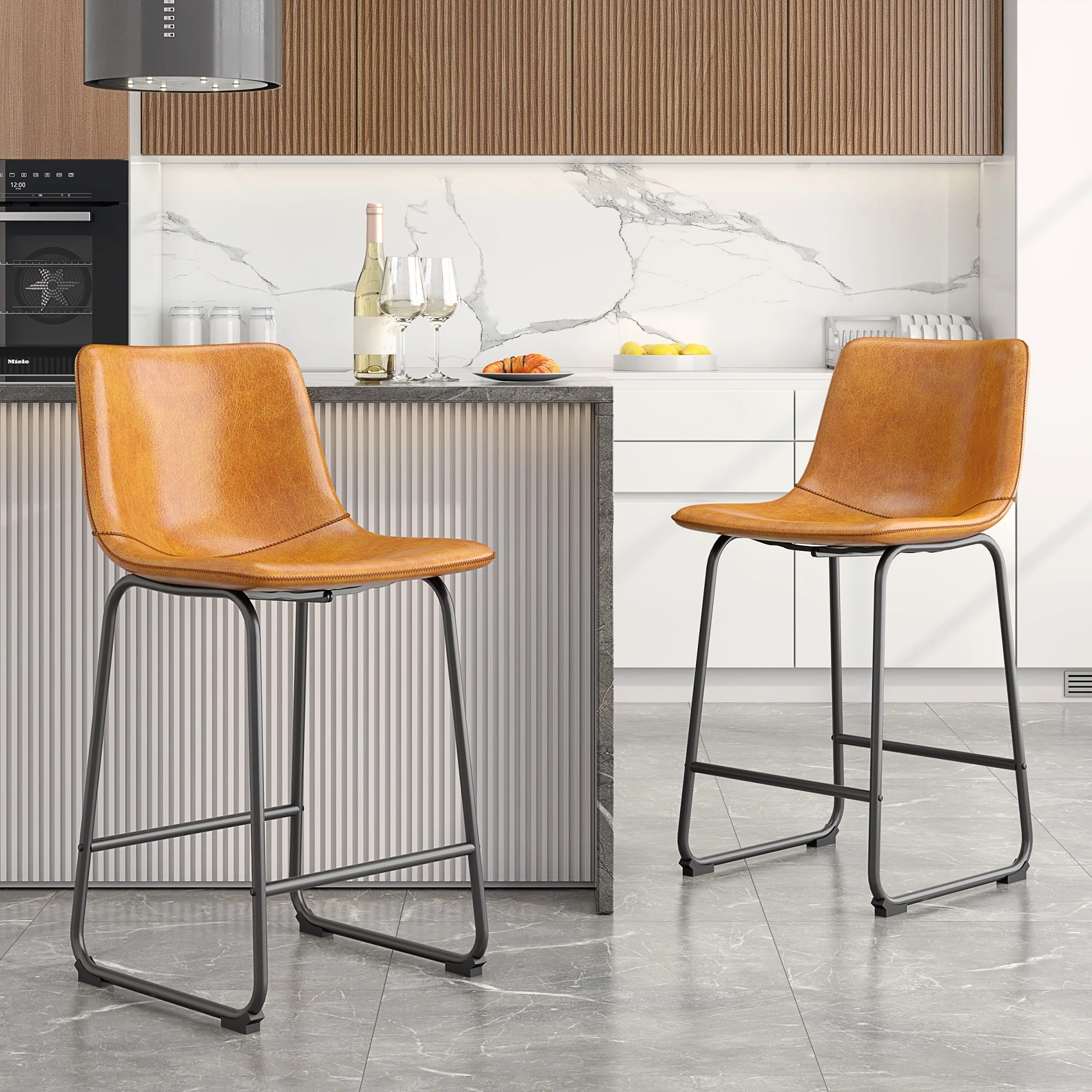 Bar Stools Faux Leather Counter Stools with Back Armless Dining Chairs (Set of 2)