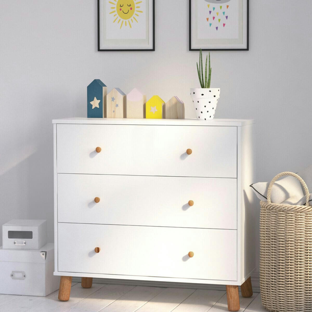 GABBY - Commode enfant bois massif blanc et bois