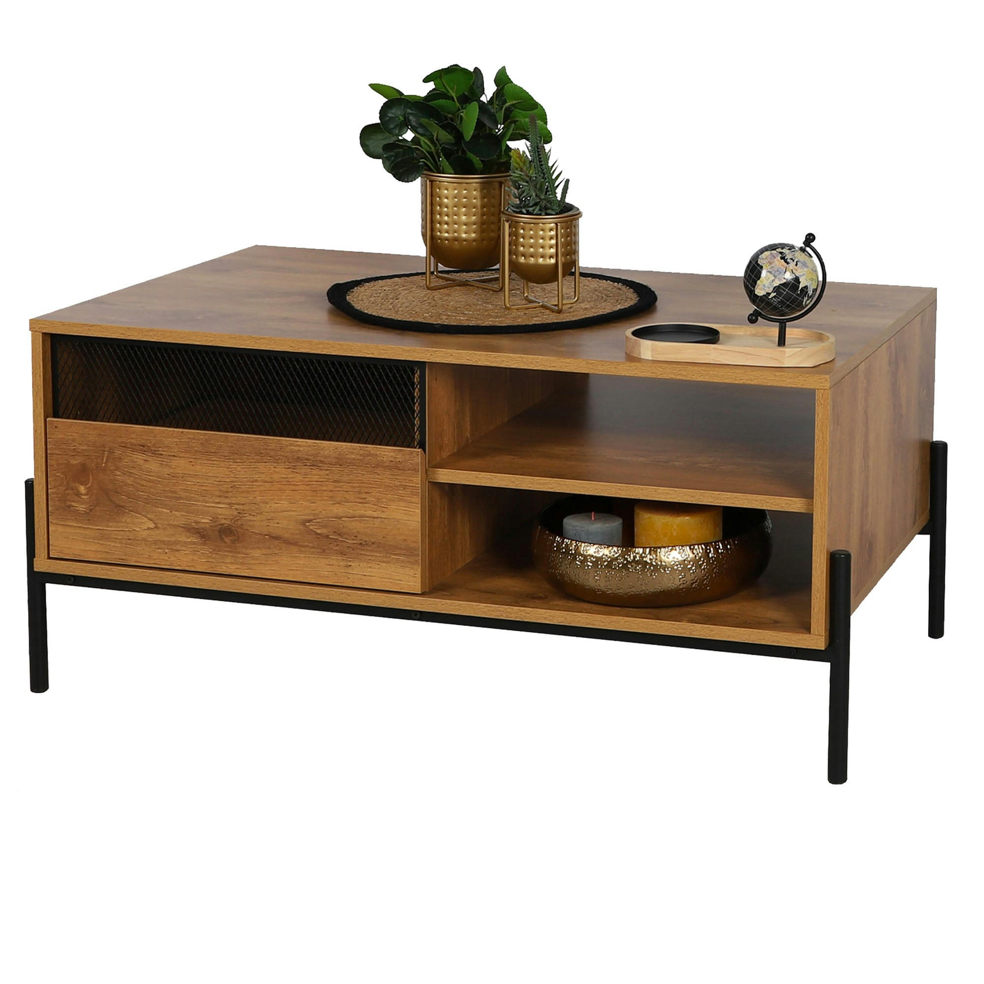 - Table basse bois et métal noir étagères et placard 100x55x45cm