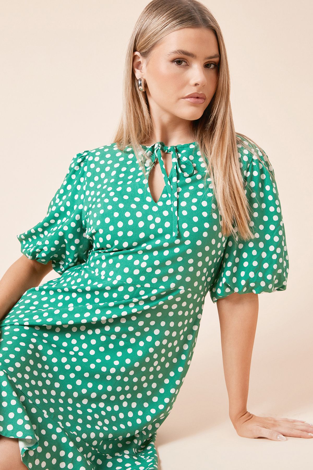 Dorothy Perkins Green Spot Tie Front Puff Sleeve Mini Dress