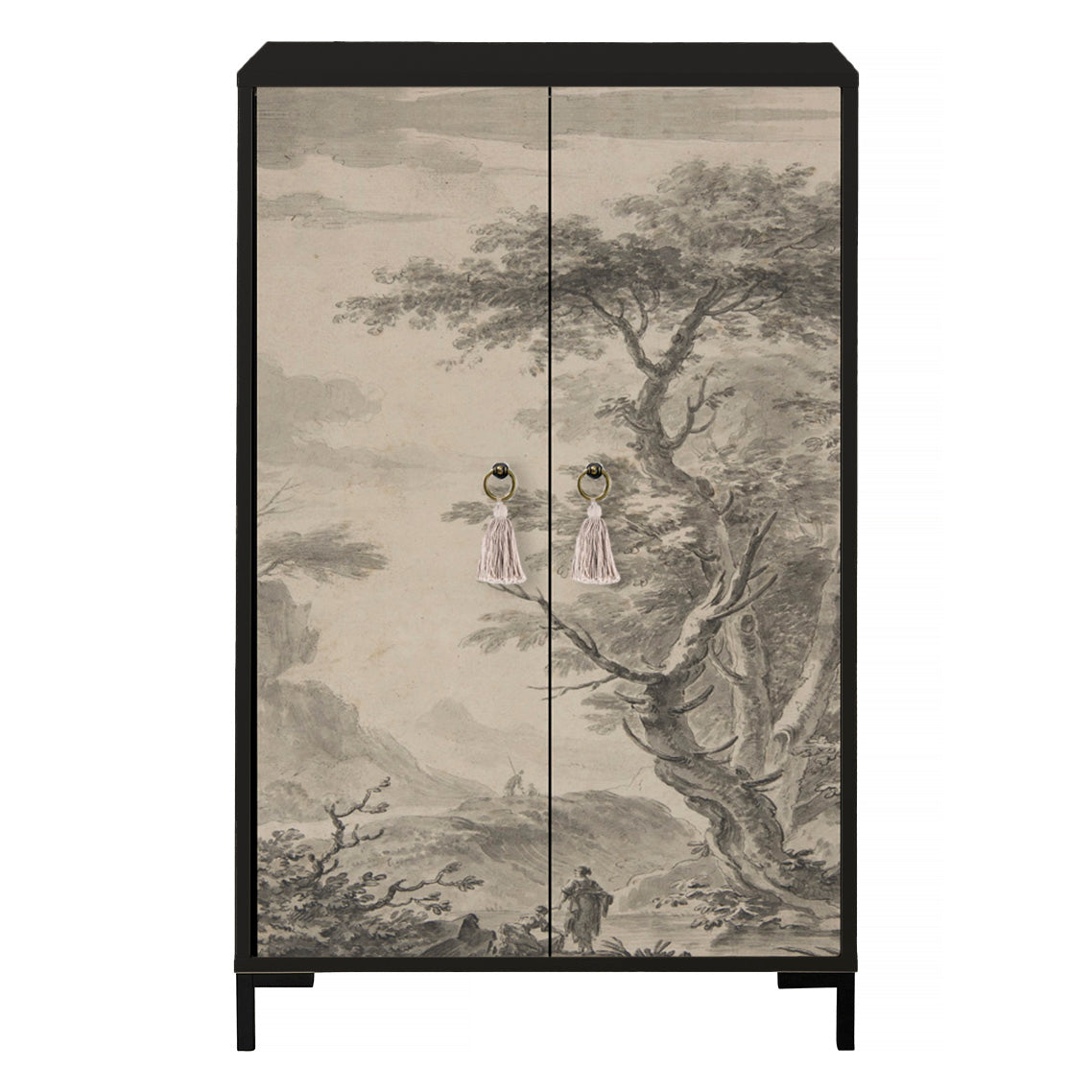 Dressoir van MDF met 2 decoratieve deuren, vintage sepia-grijs motief