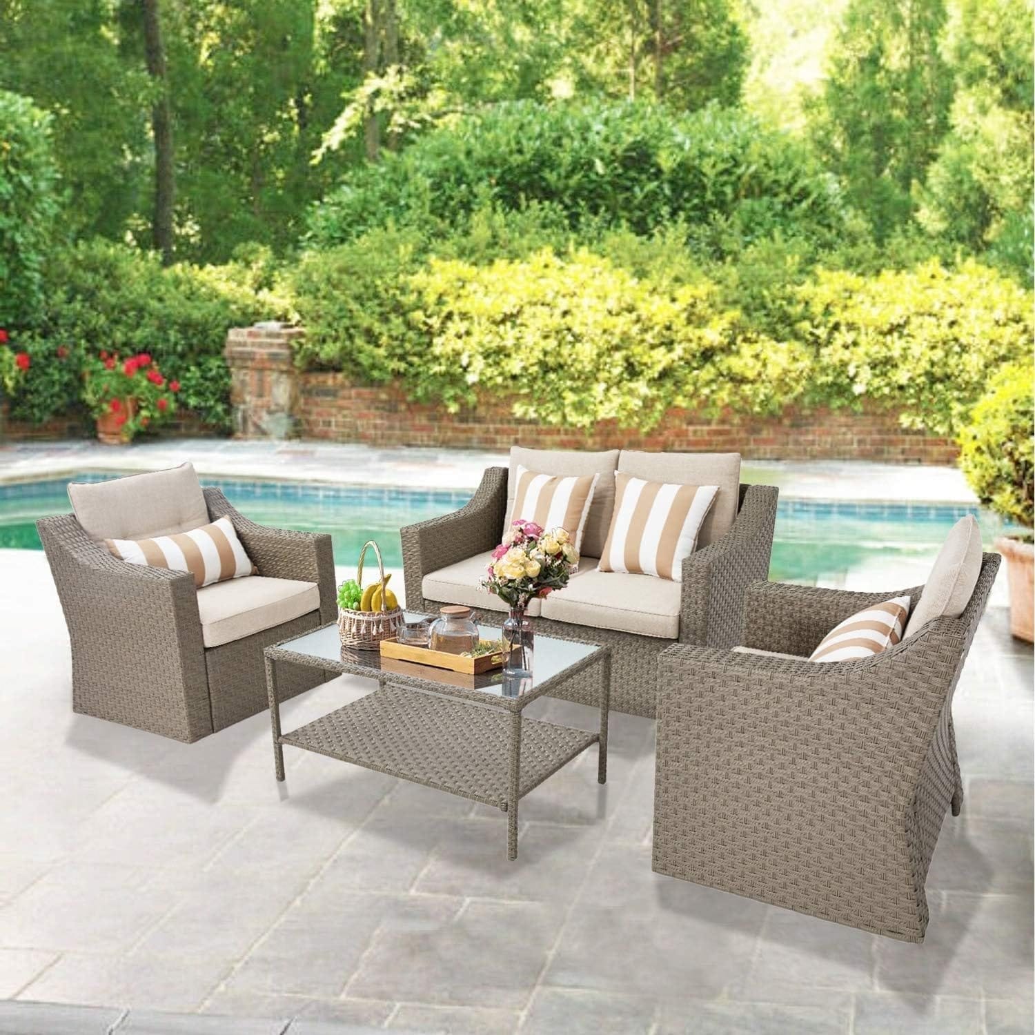 4-piece/5-piece Outdoor Patio Wicker Lounge Chair Conversation Set with Coffee Table and Cushions