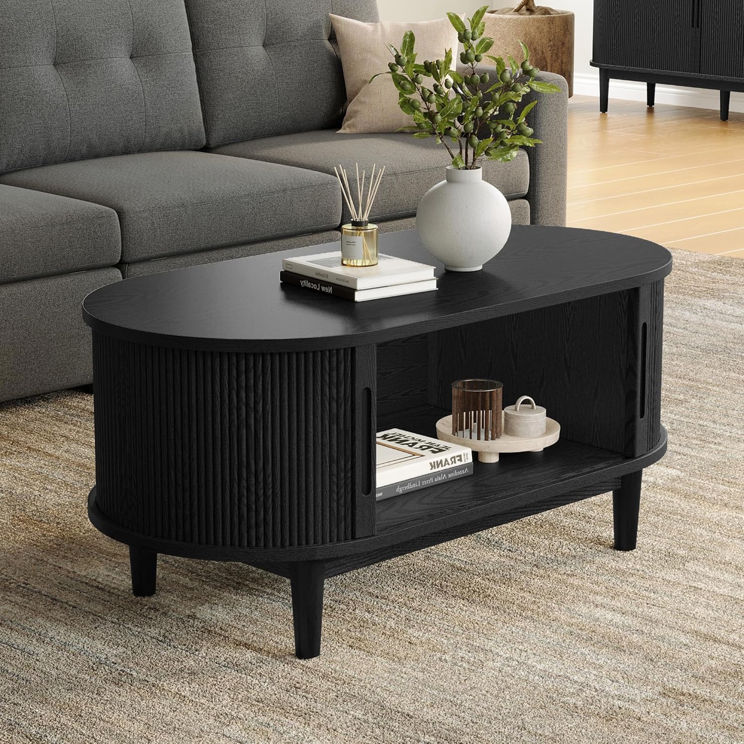 LINSY HOME Round Coffee Table, 31.5 Drum Coffee Table with Sliding Tambour Door, Fluted Accent Center Table with Storage, Mid Century Modern Coffee Table for Living Room (Oval Black)