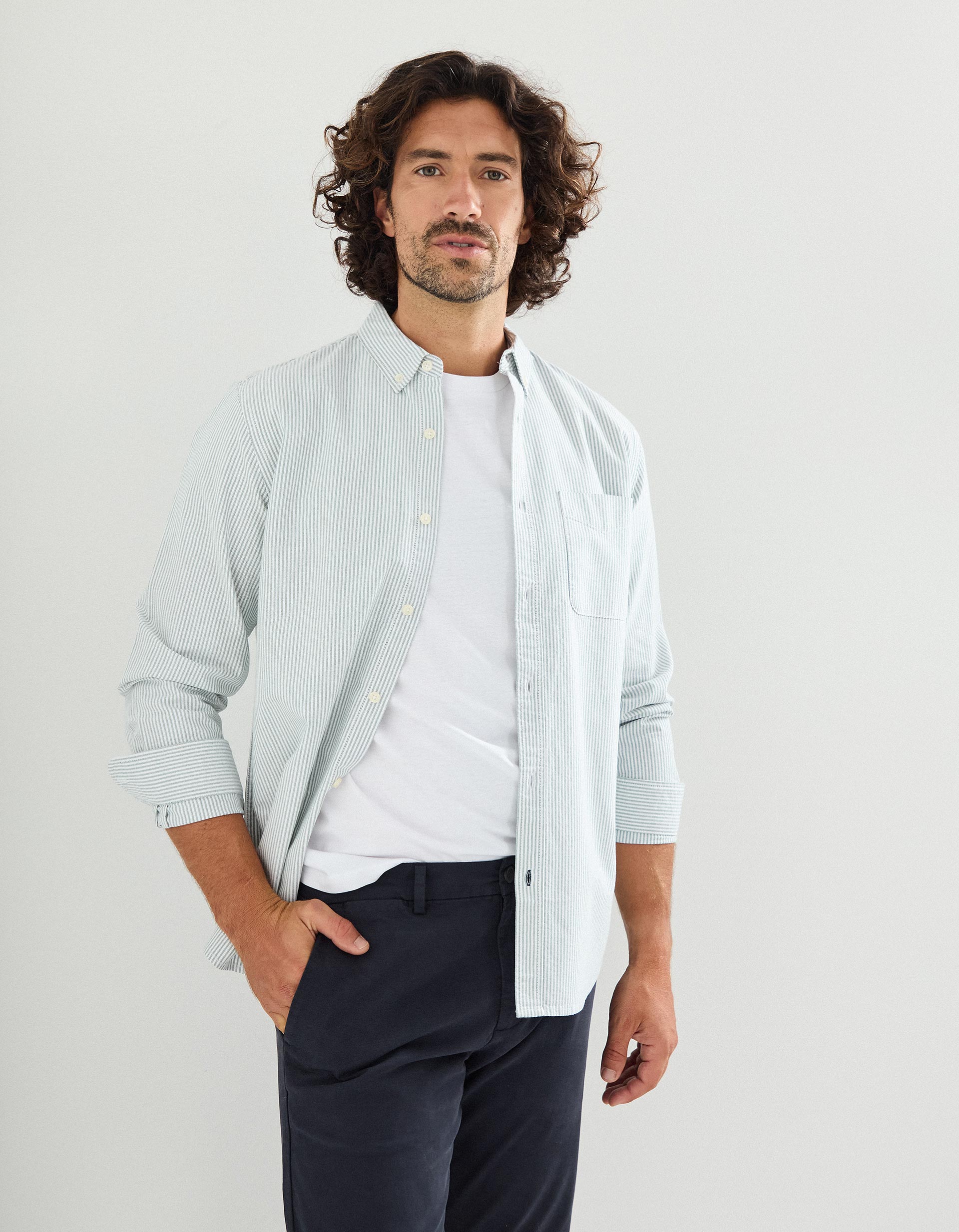 Camisa Riscas de Manga Comprida Oxford, Homem, Verde