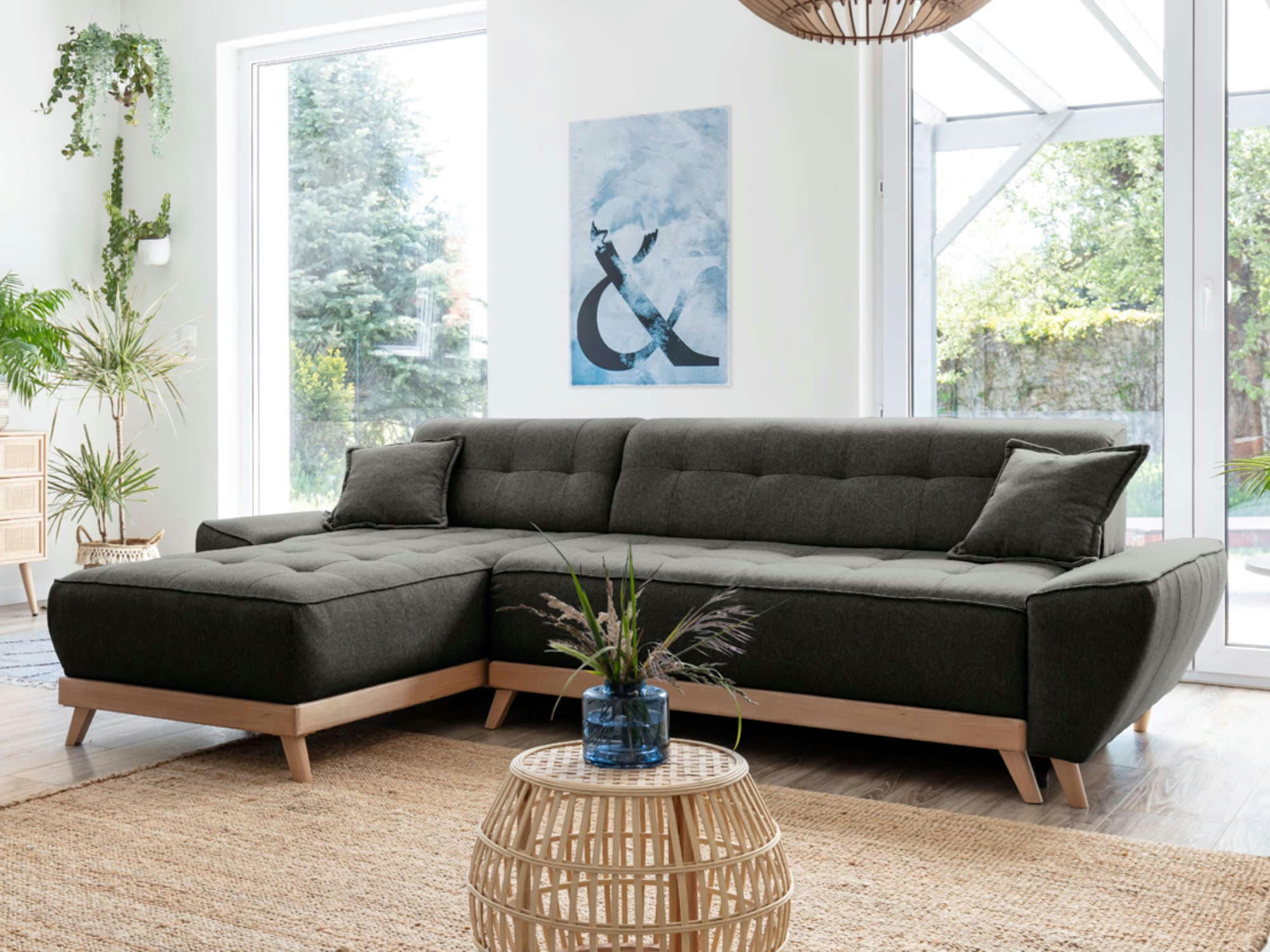 DAISY - Canapé d'angle réversible convertible 4 places en tissu gris foncé