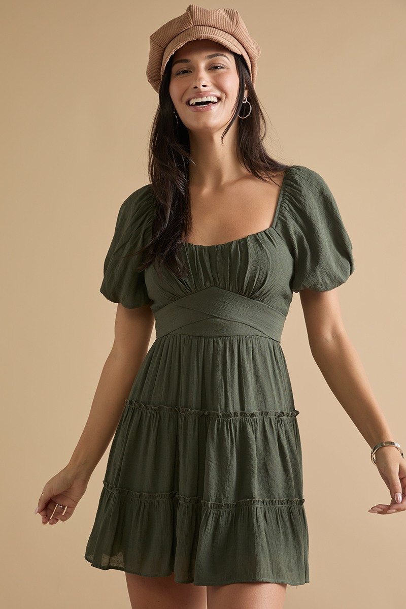 Emma Corset Wrap Waist Tiered Mini Dress