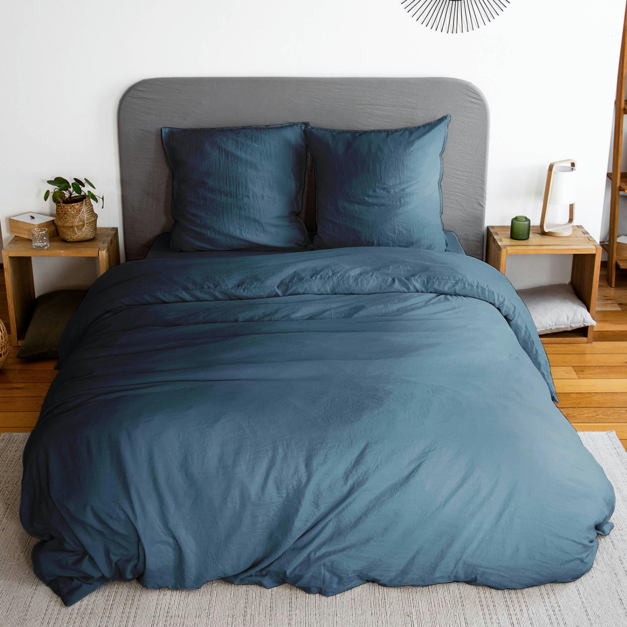 LUNA - Parure de lit microfibre bleu nuit 260 x 240cm