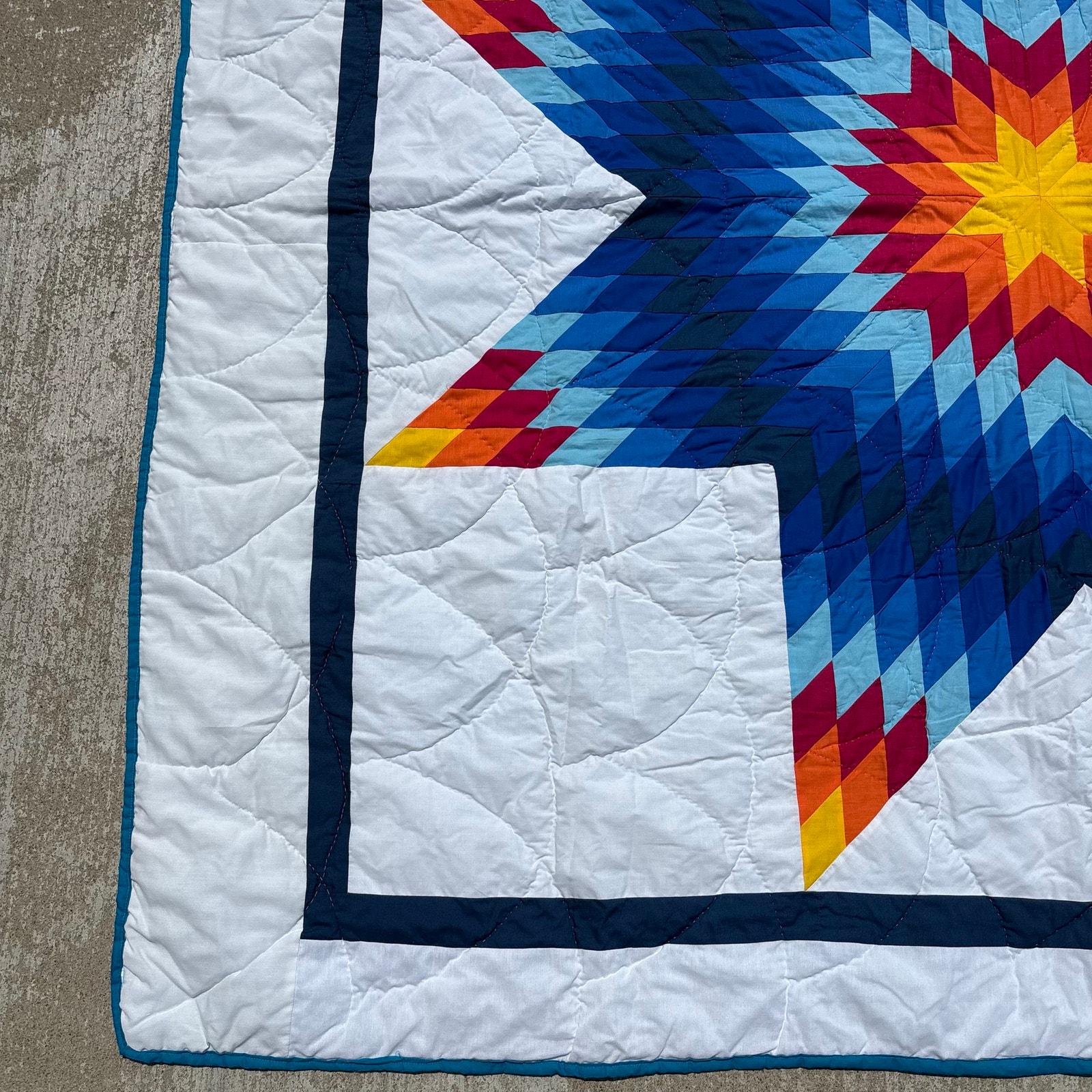 Vintage Quilt Patchwork Star Flower Pattern 76x70” Hand Made Blue Edging