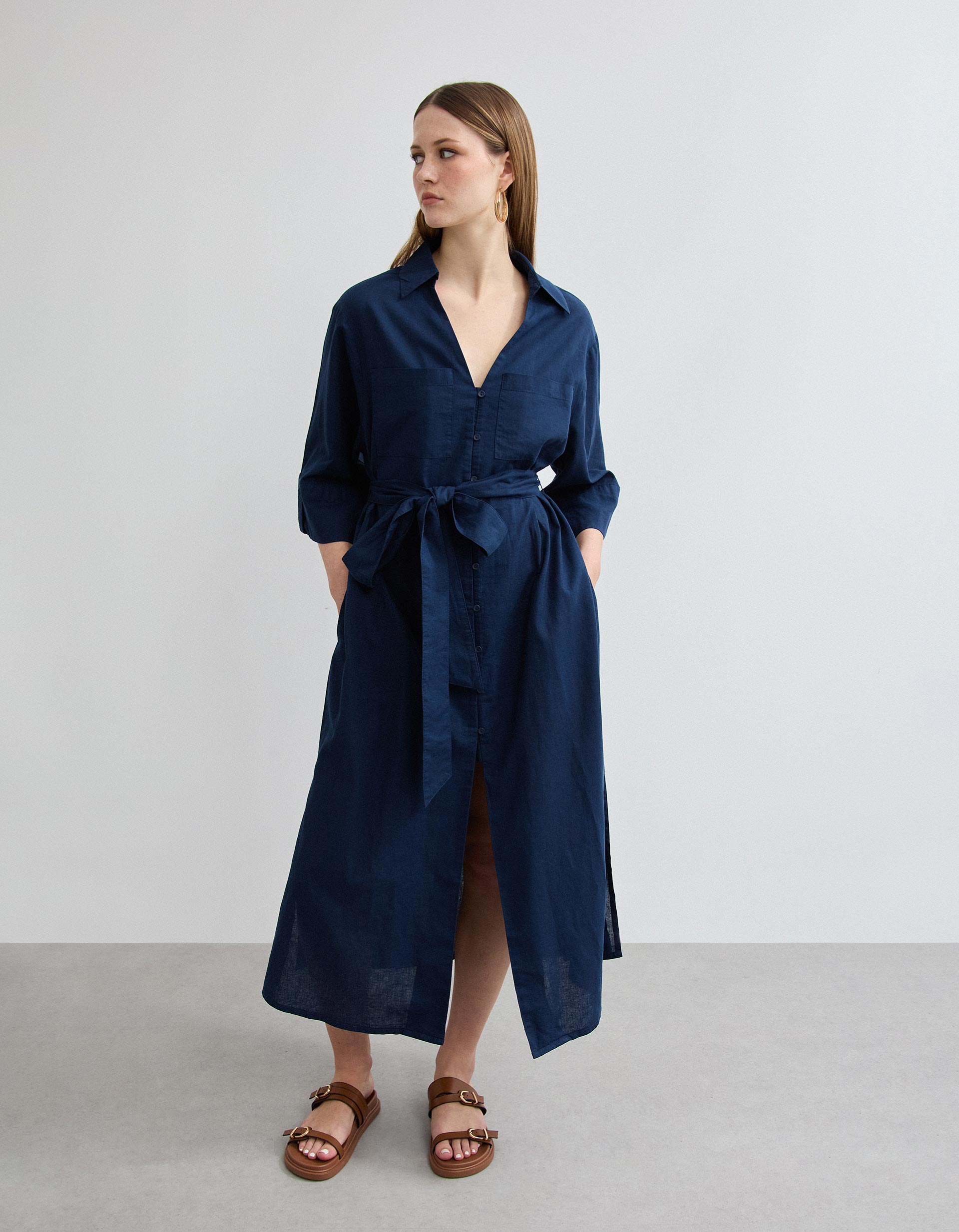 Vestido com Linho, Mulher, Azul Escuro