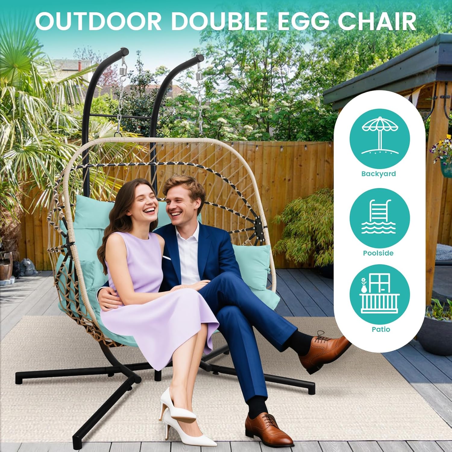 Double Egg Swing Chair with Stand Patio Rattan Wicker Hammock Chairs Outdoor Indoor Egg Swing Chair with Cushion Headrest 550 Lbs Capacity for Bedroom Balcony Garden Porch Backyard, Blue