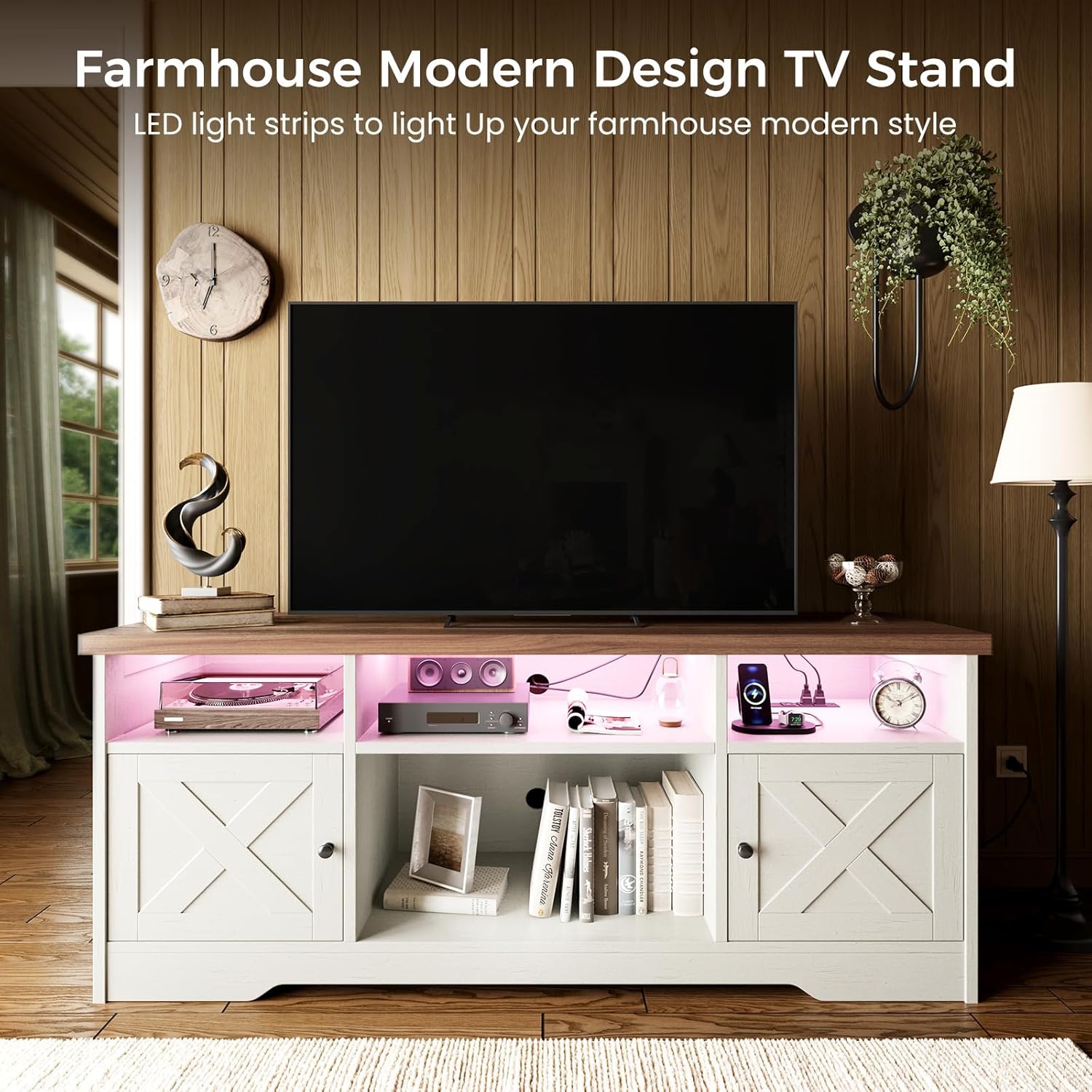 Casaottima TV Stand for 65 Inch TV, Farmhouse Entertainment Center with Power Outlet & LED Light and Storage Cabinets, Console Table and Media Furniture for Living Room Bedroom, White