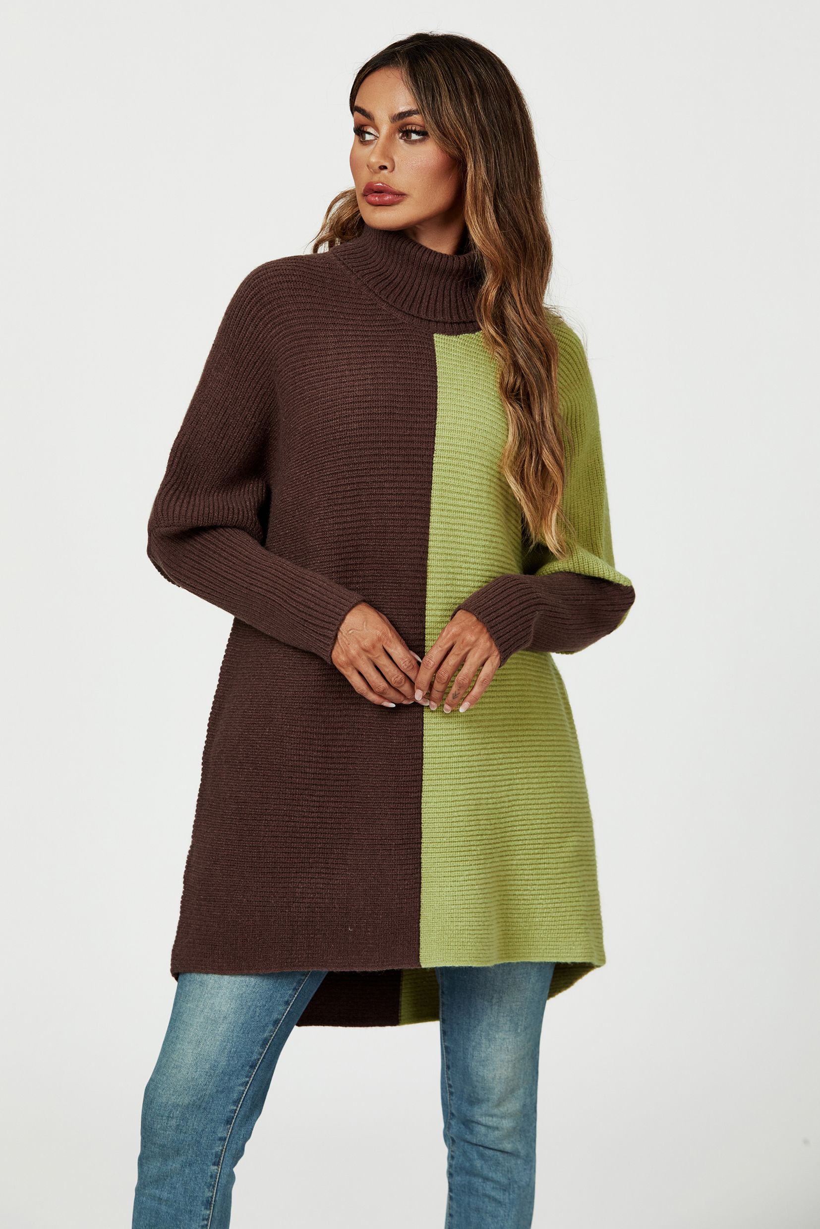 FS Collection High Neck Half Brown & Green Block Color Jumper Top