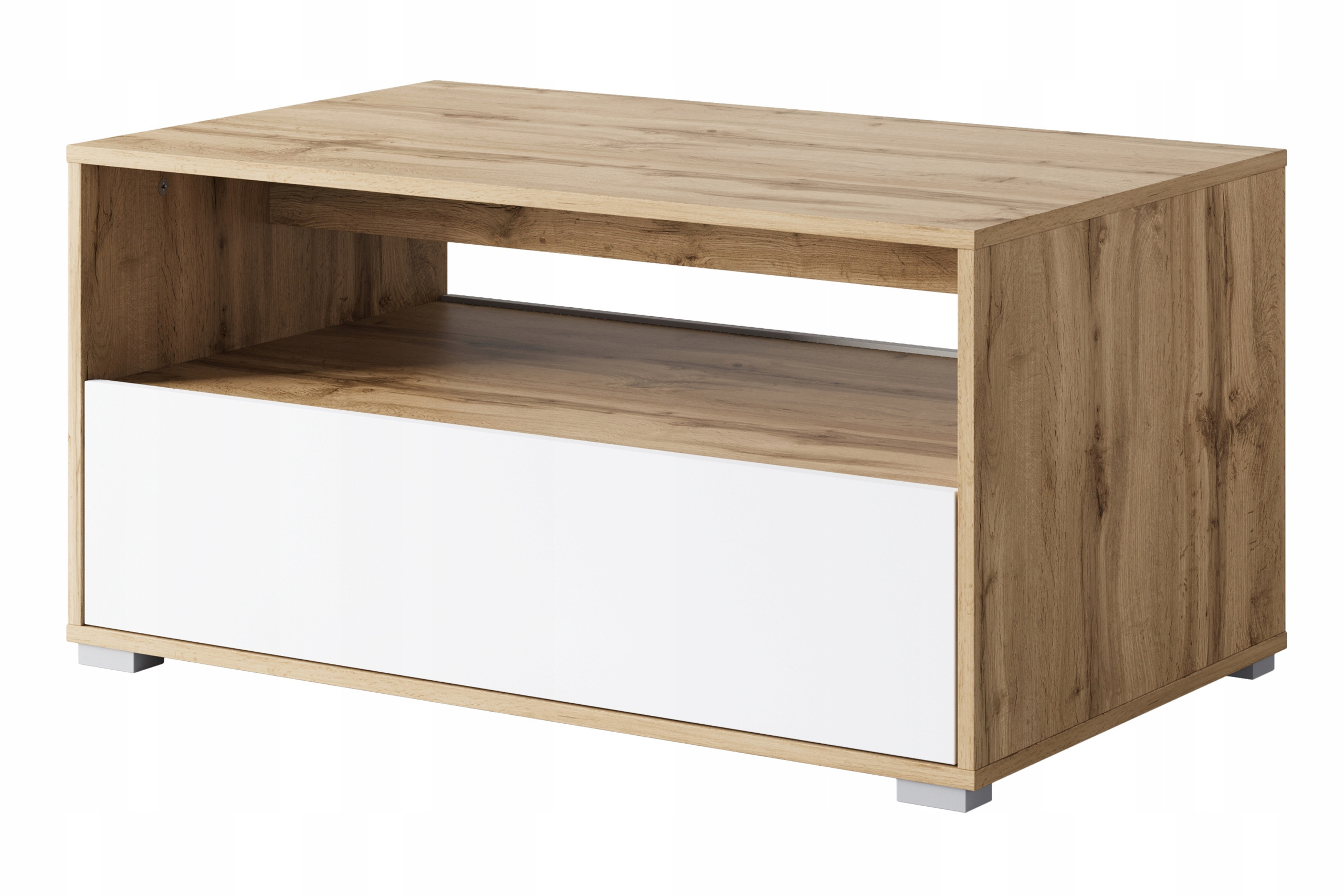Nowoczesny stolik kawowy do salonu, połka schowek, 90 cm, wotan/biały mat