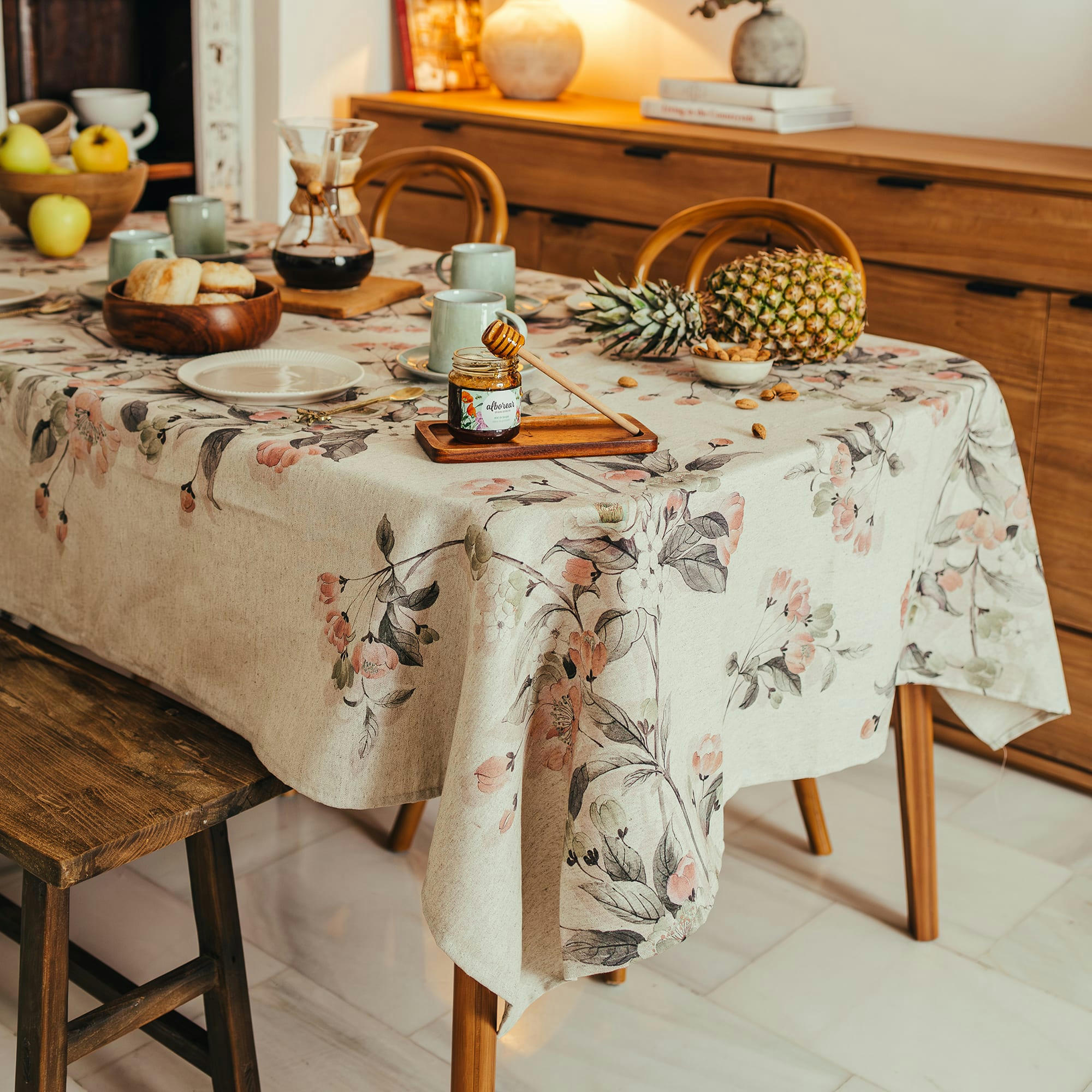 DUNIA CORAL - Nappe en lin antitâche imprimée floral 140x240 cm
