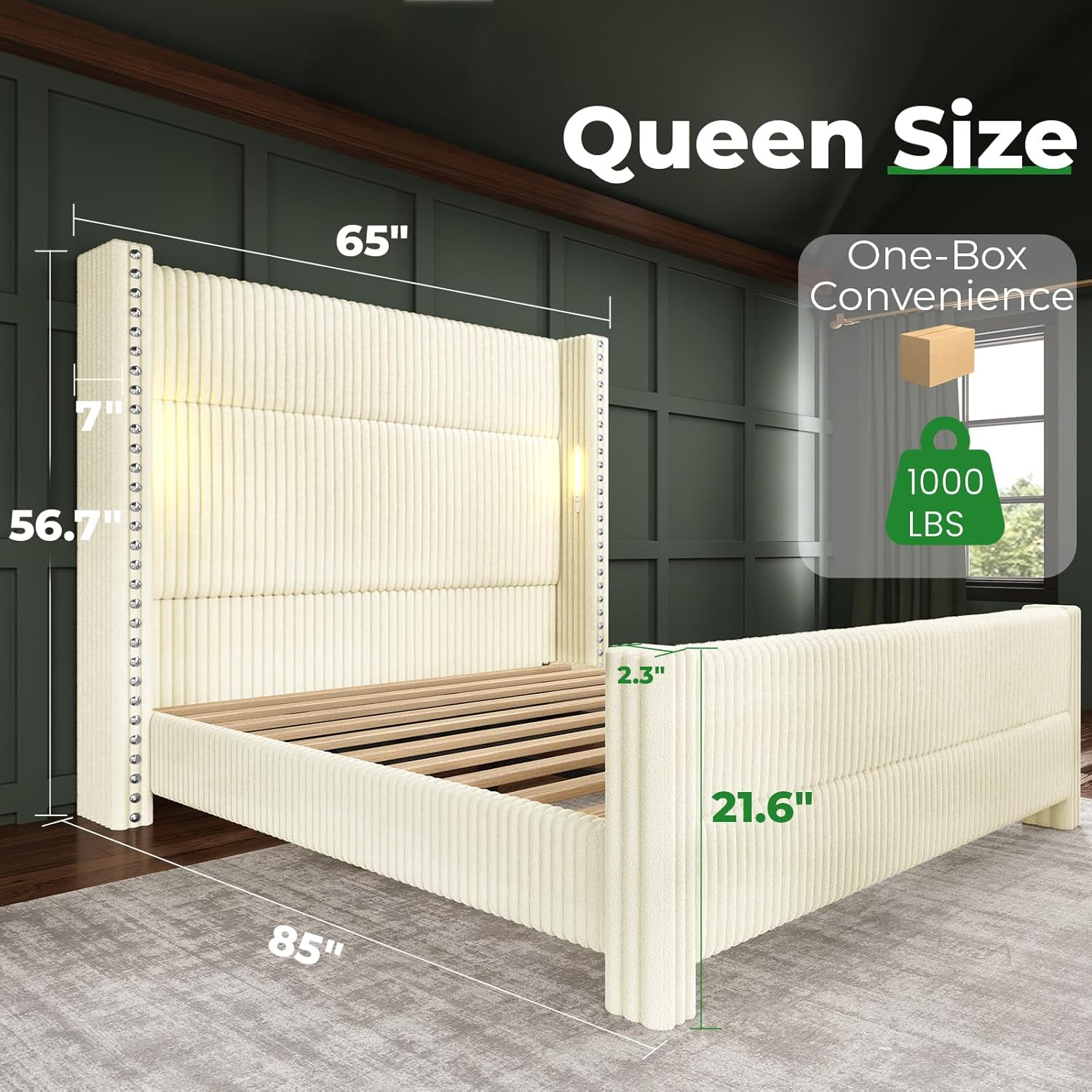 Queen Bed Frame with 56.7 Tall Headboard & Reading Lights, Corduroy Upholstered Wingback Platform Bed with Charging Station, Modern Retro Design, Noise Free, No Box Spring Required, Cream