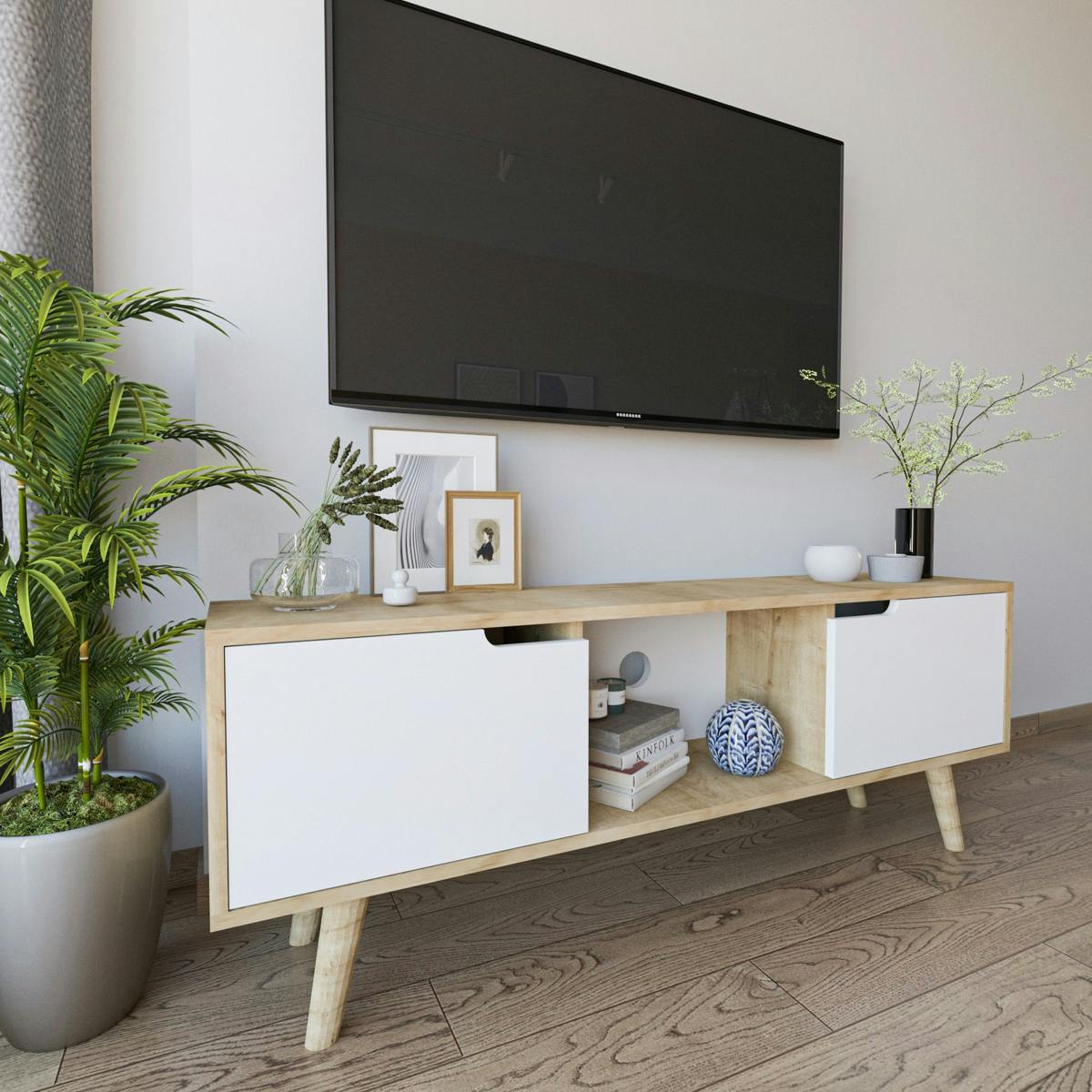 Petit meuble TV 2 portes blanches cadre effet bois clair MARFA
