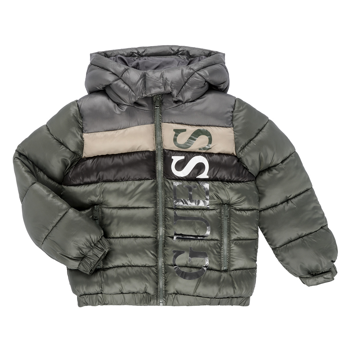 Guess - HOODED PADDED LS PUFFER W/ZIP - Grey / Green