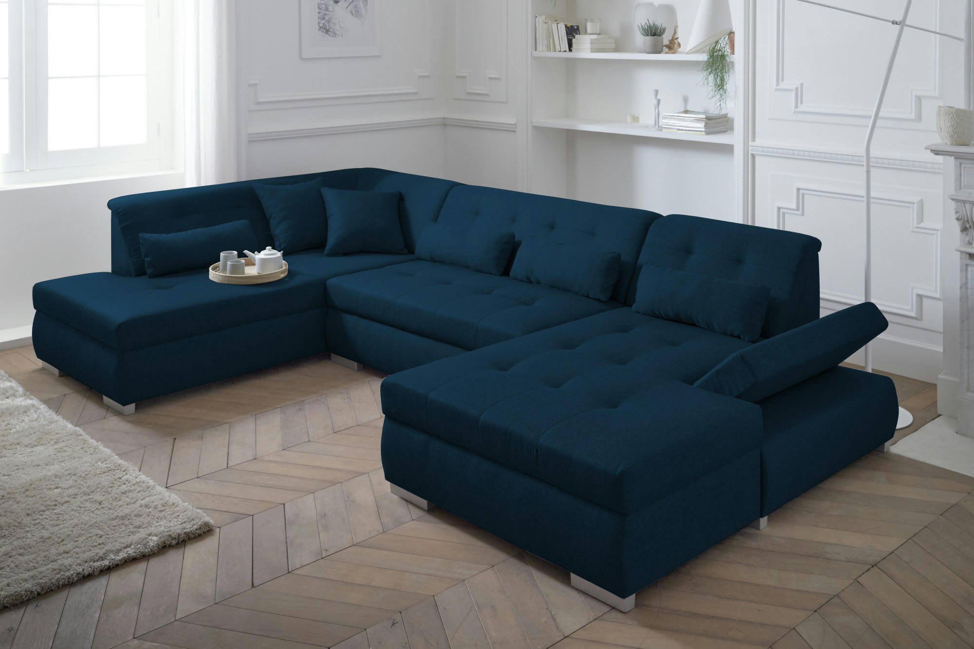 VERMONT - Canapé panoramique 7 places angle gauche en tissu bleu pétrole
