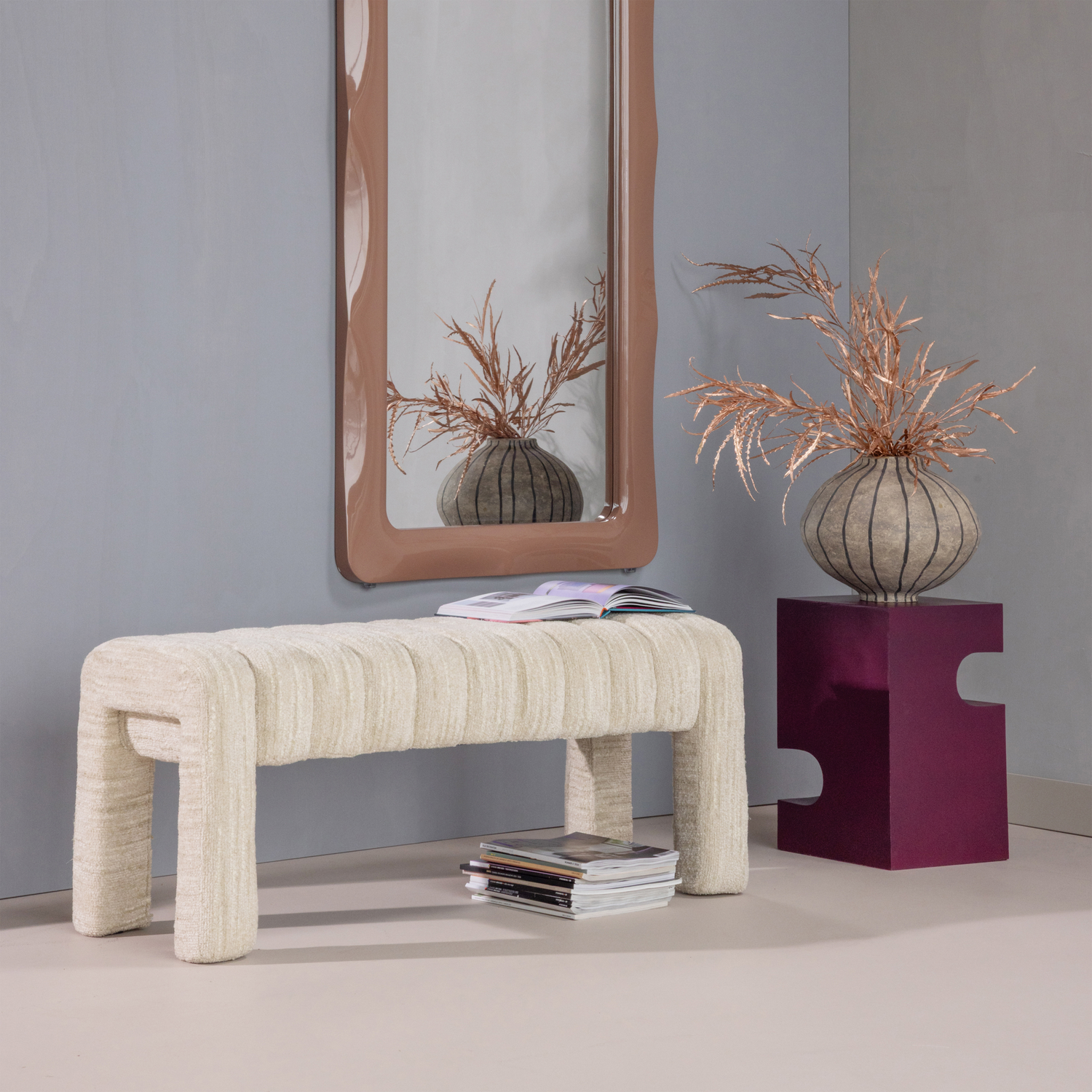 WOOOD Frex Bankje Gestoffeerd - Bouclé - Naturel - 48x110x43