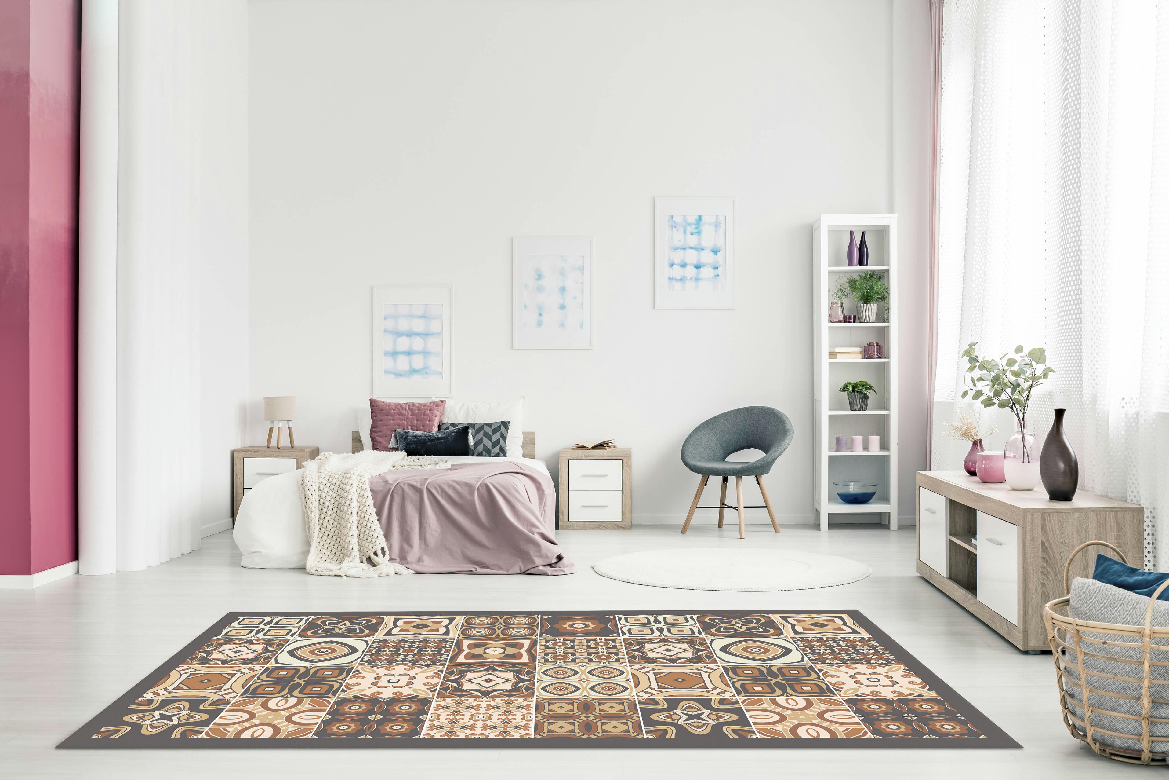 - Tapis vinyle carreaux ciments marron 60x200cm