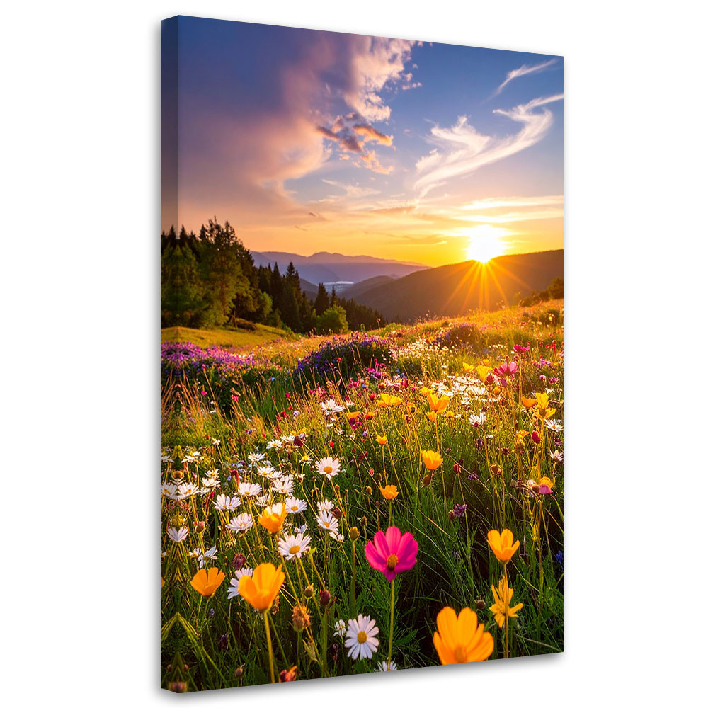 Obraz do salonu sypialni biura, Łąka kwiaty pejzaż górski natura 20x30