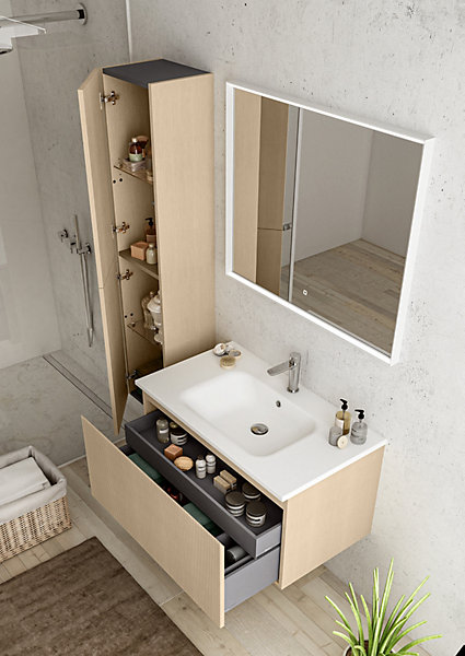 Meuble vasque suspendu plaqué chêne clair strié l.90 cm   plan vasque blanc mat résine, Pura