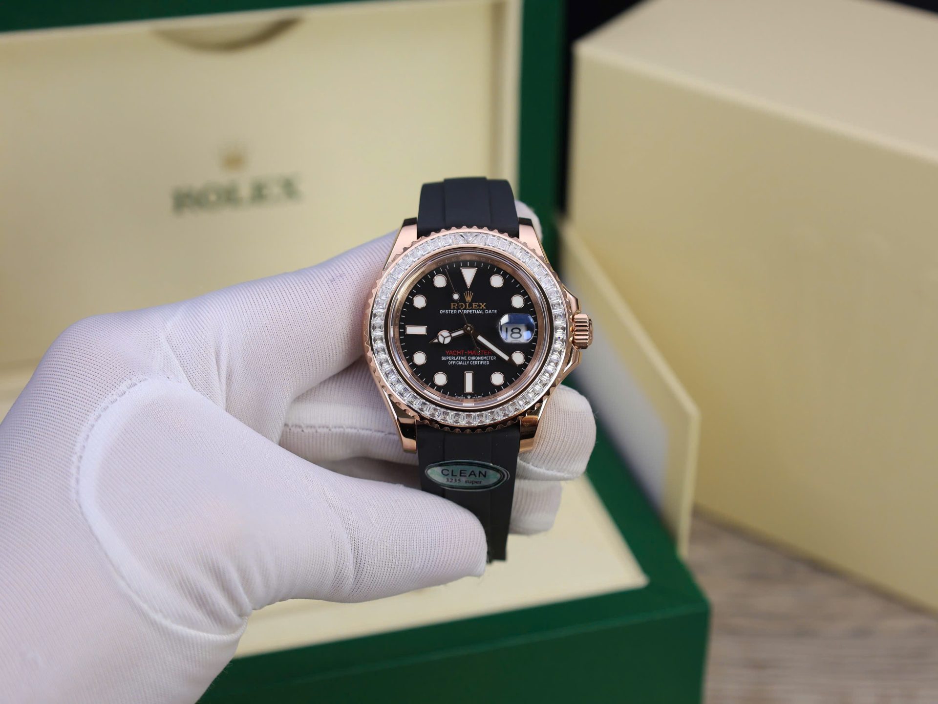 Rolex Yacht-Master RG Plated Black Dial Baguette Diamond 40mm Oysterflex Super Clone