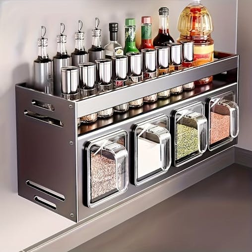 NNETM Wall-Mounted Aluminum Spice Rack with Clear Jars