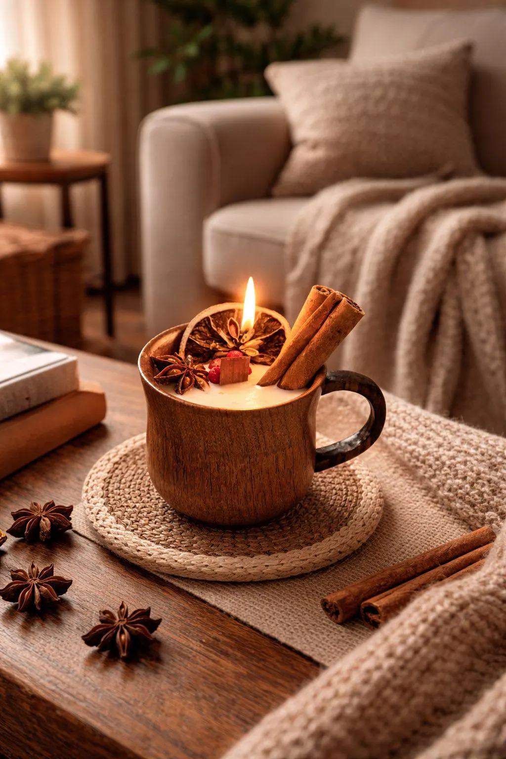 Pumpkin Spice Candle in Wooden Mug | Autumn Decor Soy Candle with Cinnamon, Dried Lemon & Star Anise | Cozy Fall Home Decor