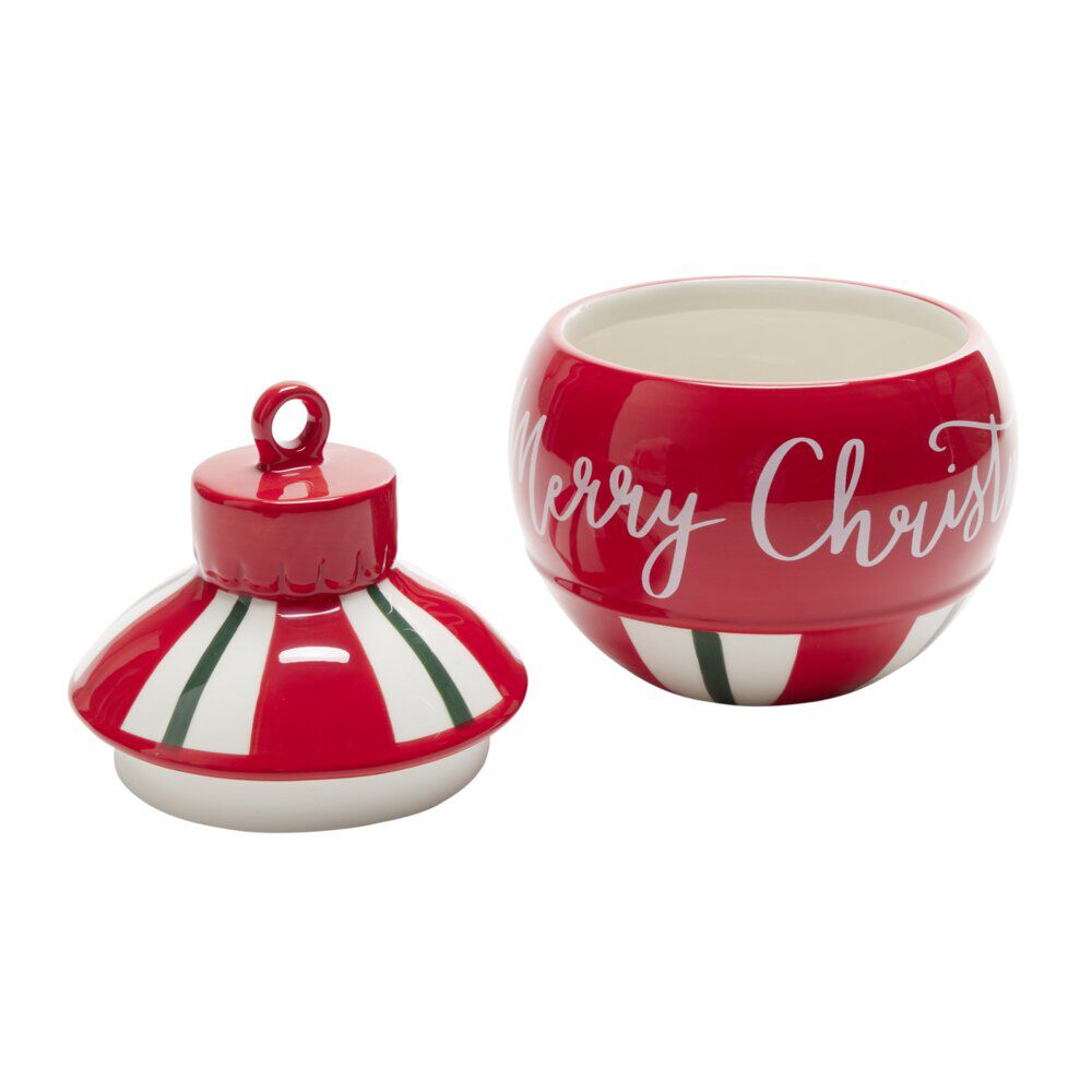 Bonbonnière boule de No&euml;l Merry Christmas rouge et blanc Ø15,5xH20cm