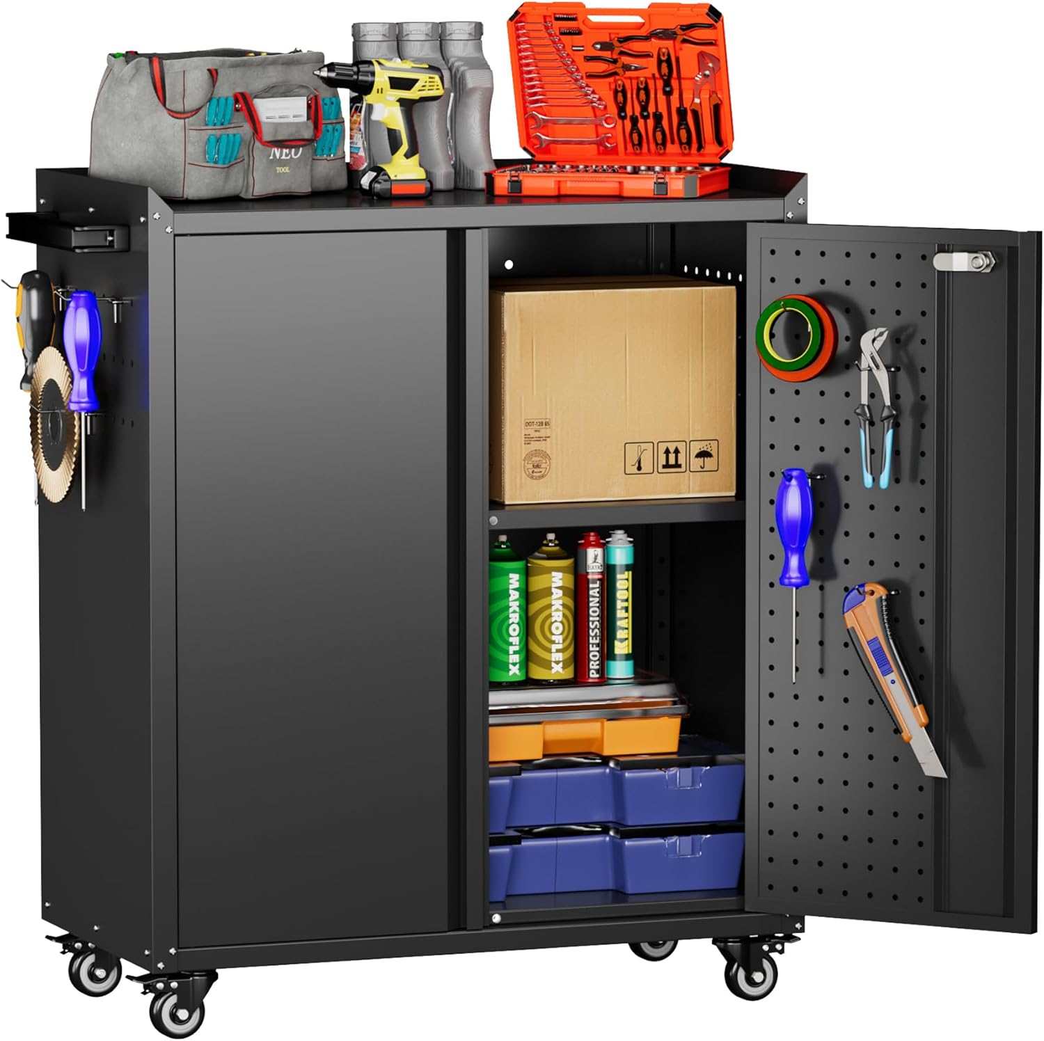 Aobabo 34.3 Inches Metal Storage Cabinet with Wheels and 2 Pegboards, Lockable Rolling Tool Storage Cabinet with 1 Adjustable Shelves for Garage,Assembly Required,Black