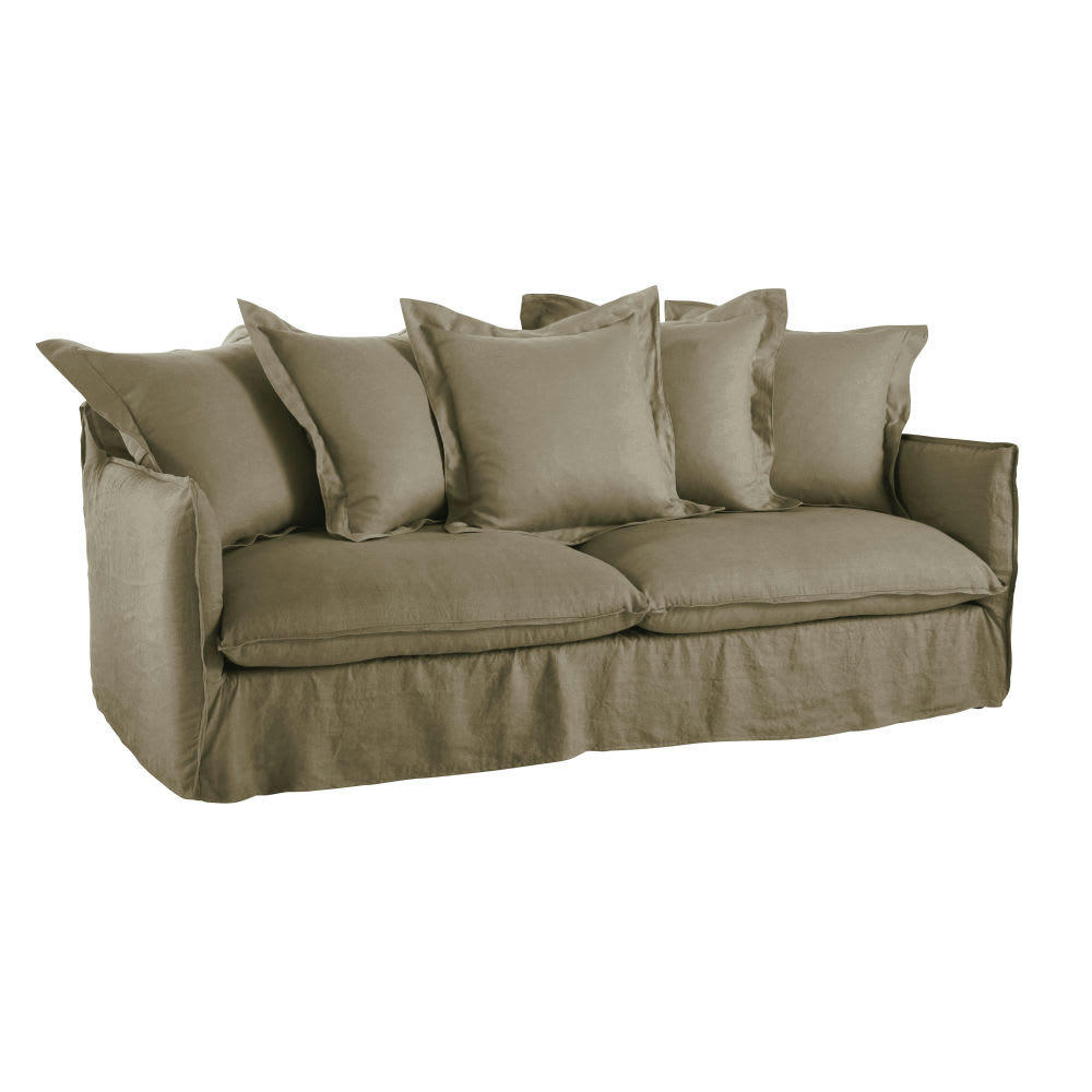 Barcelone - Canapé convertible 3/4 places en lin vert kaki, matelas 6 cm