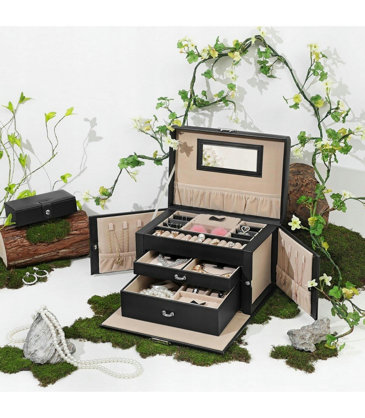 - Boîte à bijoux 2 tiroirs, 1 compartiment et 2 rabats avec rangements