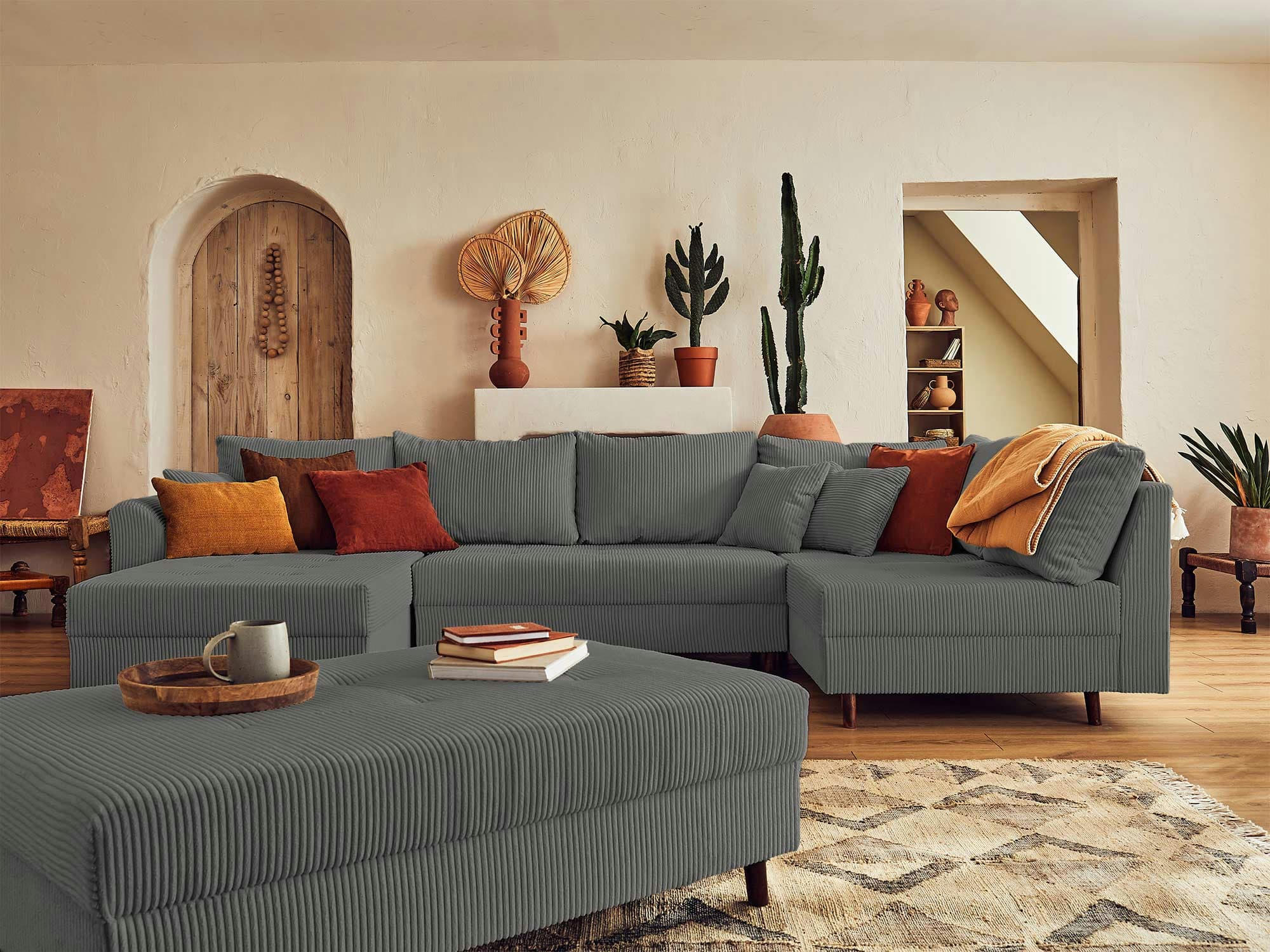 RUNE - Canapé d'angle droit convertible 7 places en velours côtelé gris foncé