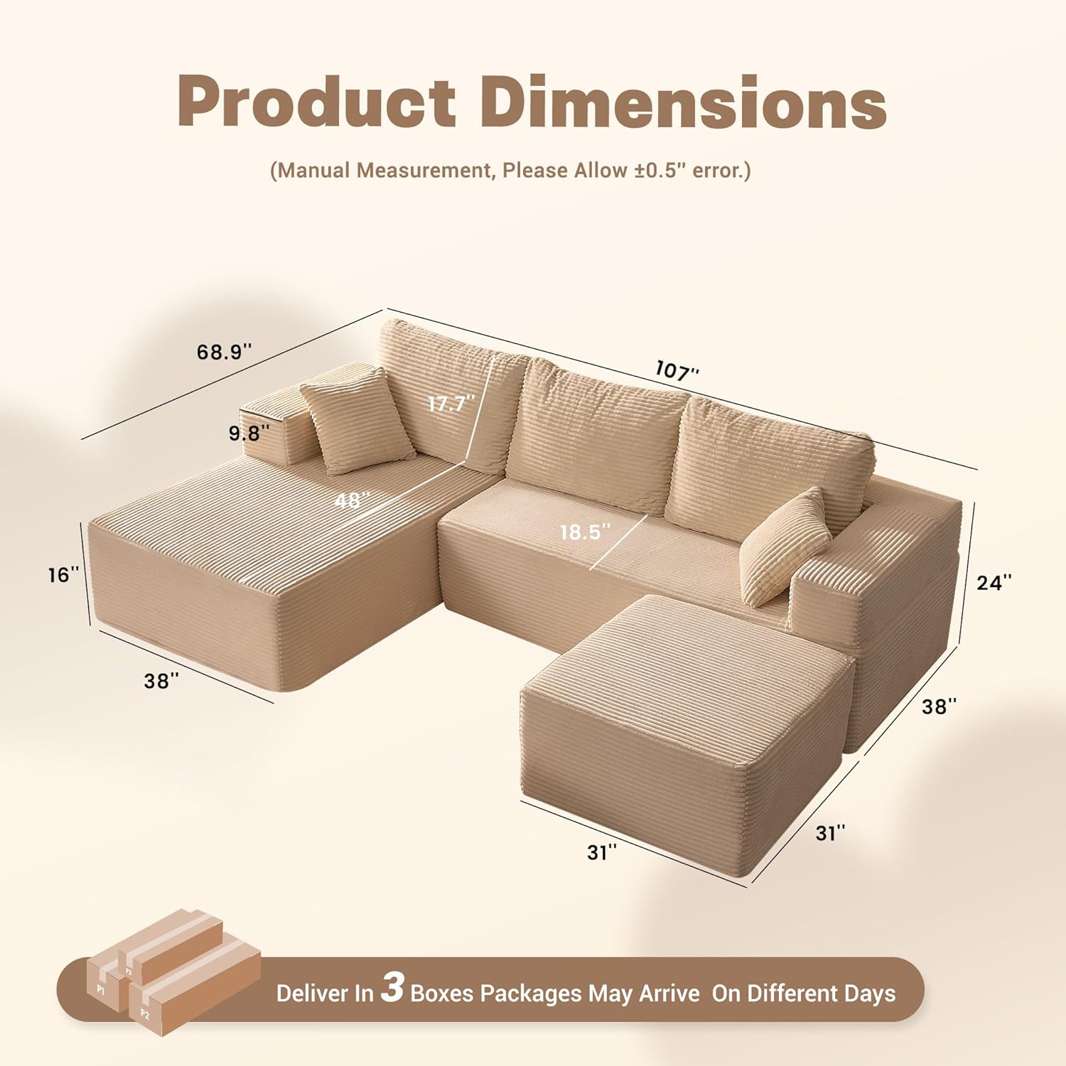 107 Boneless Couch with Deep Seat, Set of Modular Sectional Sofa, Cloud Sectional Couch for Living Room, No Assembly Required, Corduroy, U-Shape 3 Seater Left, Camel