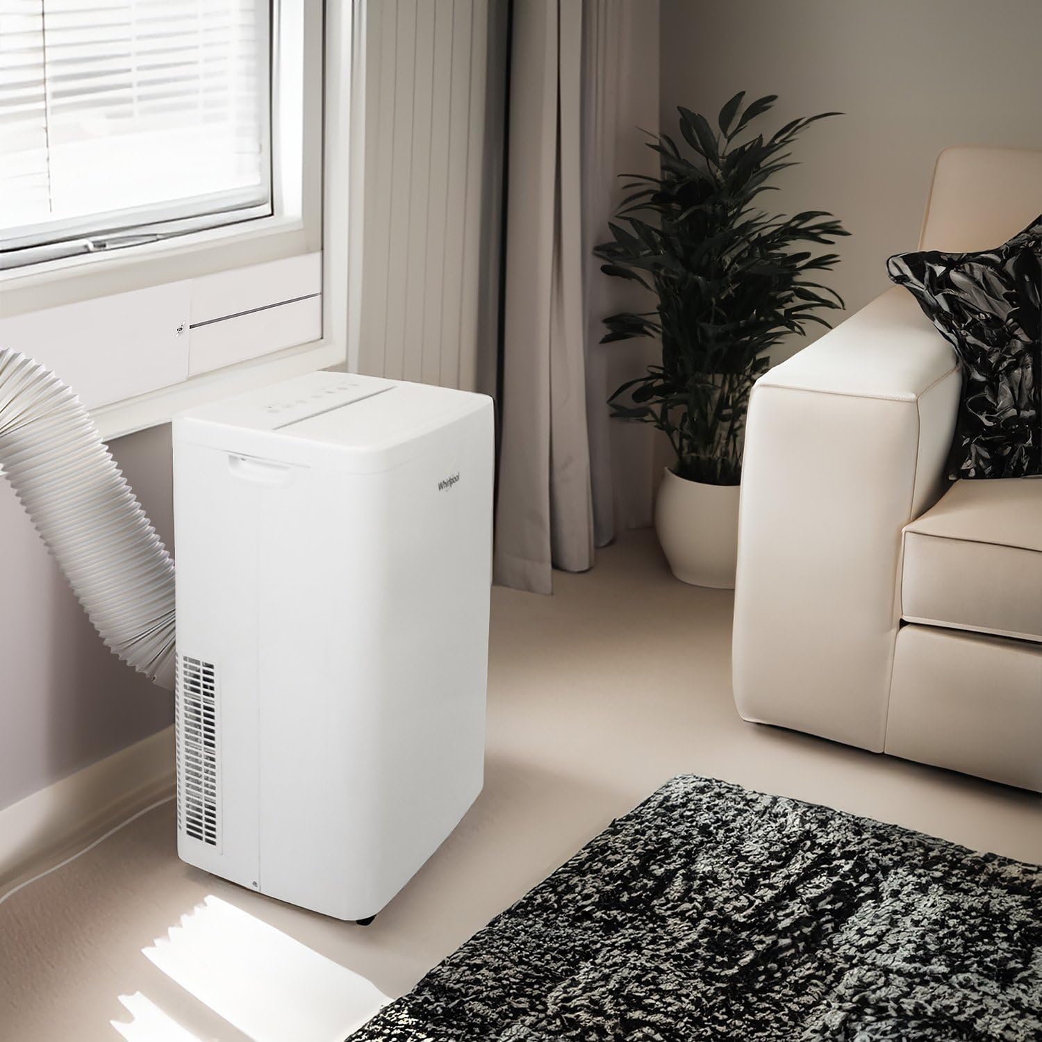 Whirlpool 14,000 BTU Portable Air Conditioner with Dehumidifier for Living Room, Apartment, or Bedroom, 115V, Portable AC for Large Rooms up to 700 Square Feet with Remote, 3 Speeds, and Timer, White