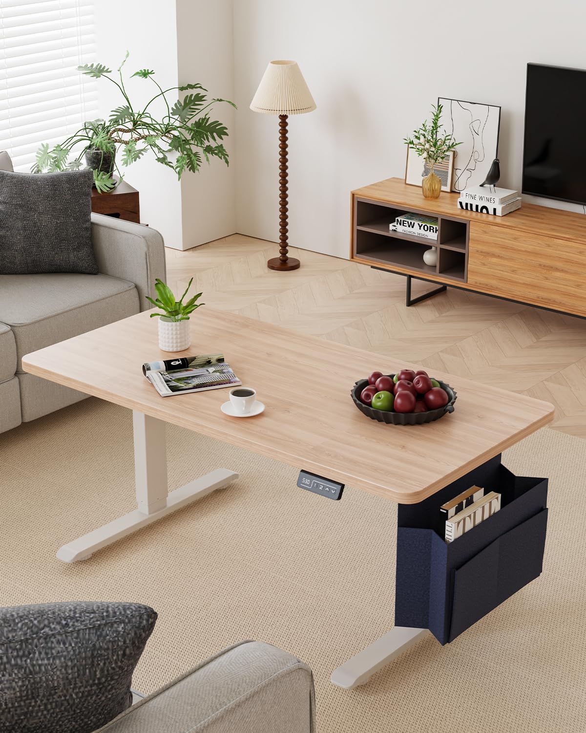 Coffee Table, Height Adjustable Electric Coffee Table with Storage Bag Lift Tabletop Dining Table Office Table with Lockable Wheels for Living Room (Natural Maple Look, 40 x 24 Inches)