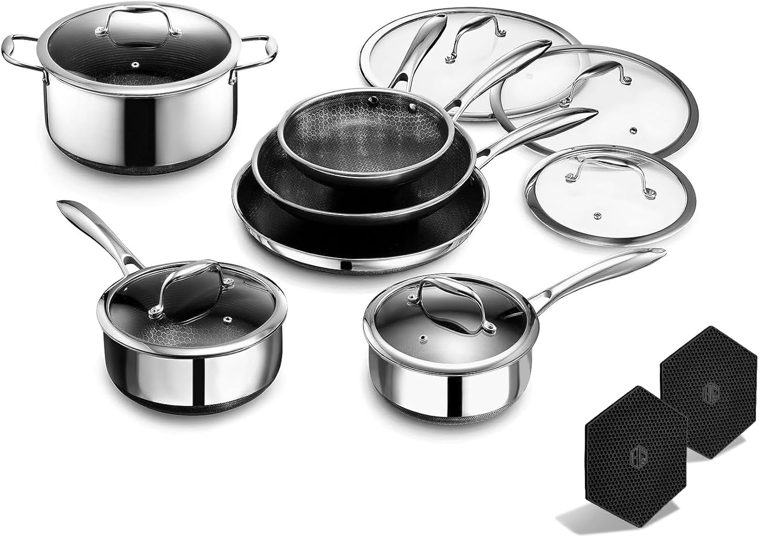 HexClad Hybrid Nonstick 14-Piece Cookware Set, 8, 10, and 12 Pans with Lids, 2, 3, and 8Qt Pots with Lids, and 2 Silicone Trivets, Stay-Cool Handles, Dishwasher and Oven-Safe, Induction Ready