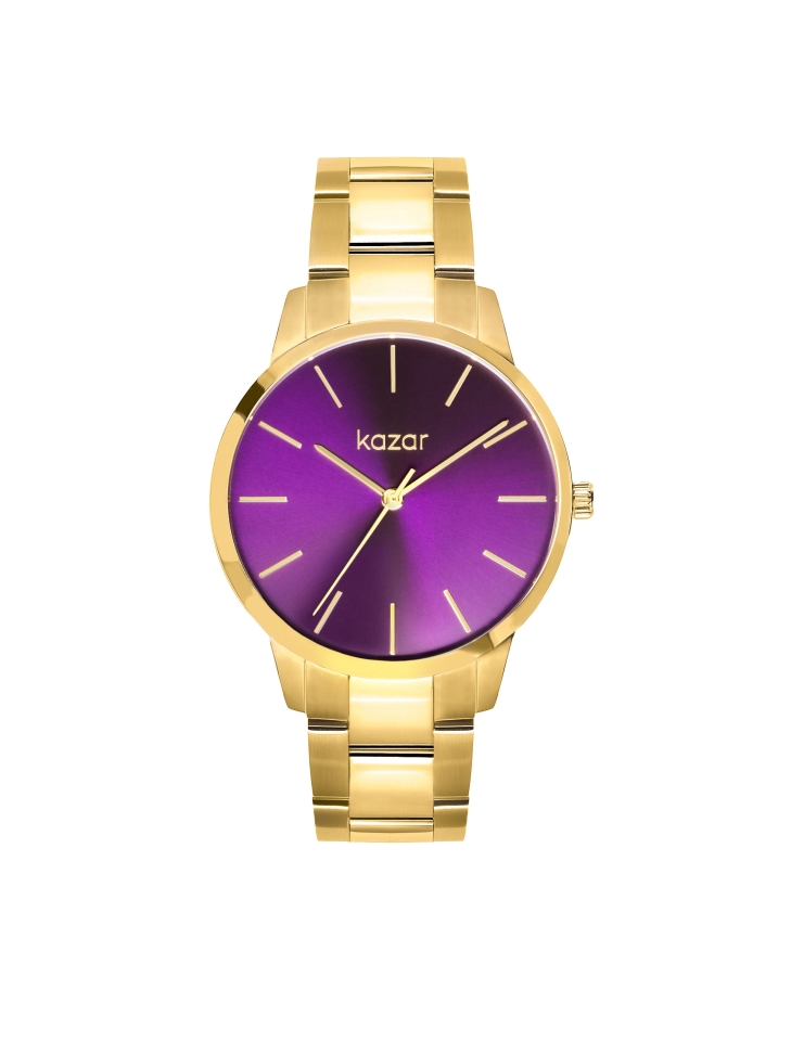 Watch with purple dial and gold bracelet