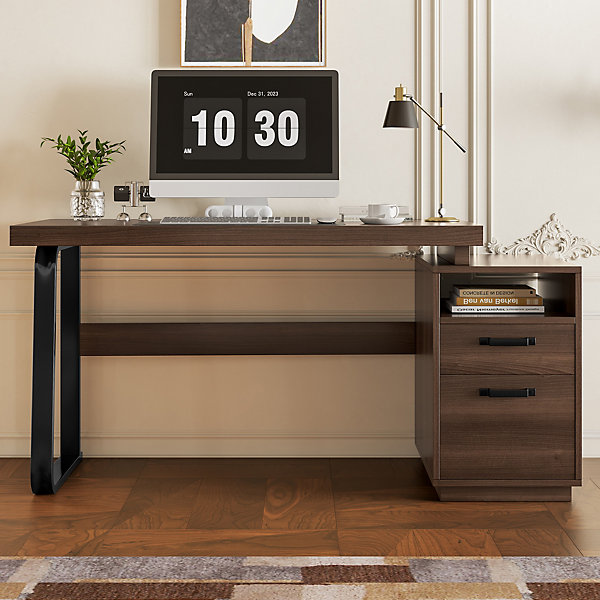 Bureau Moderne avec Tiroir Silencieux, Rangement Multifonction et Support Dossiers, MDF Métal, 135x54x76,3 cm, Brun