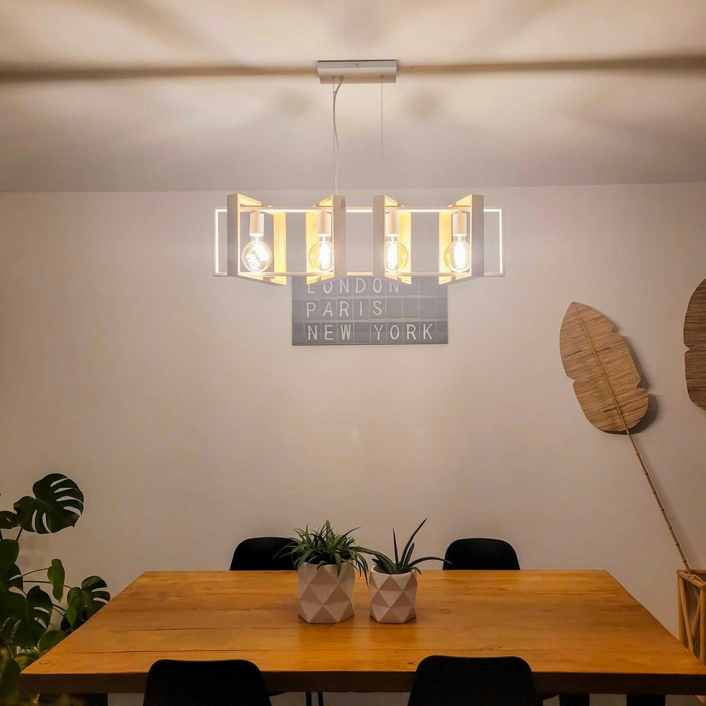 WOOLI - Suspension 4 lumières en métal blanc et bois naturel