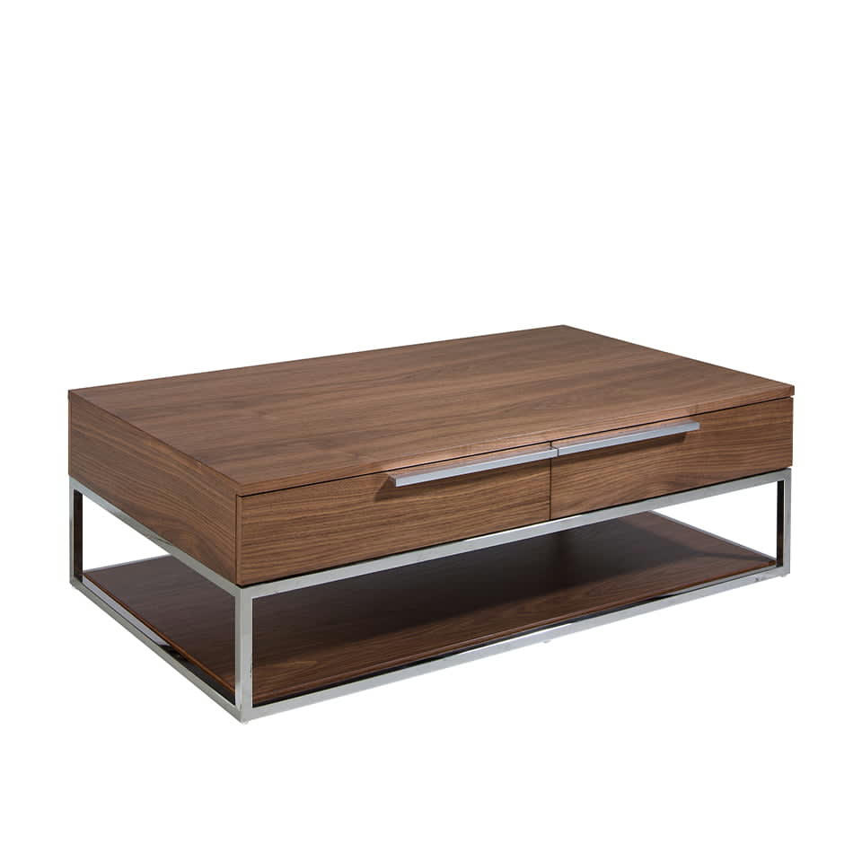 - Table effet bois noyer et acier chromé 120 x 70 x 37 cm.