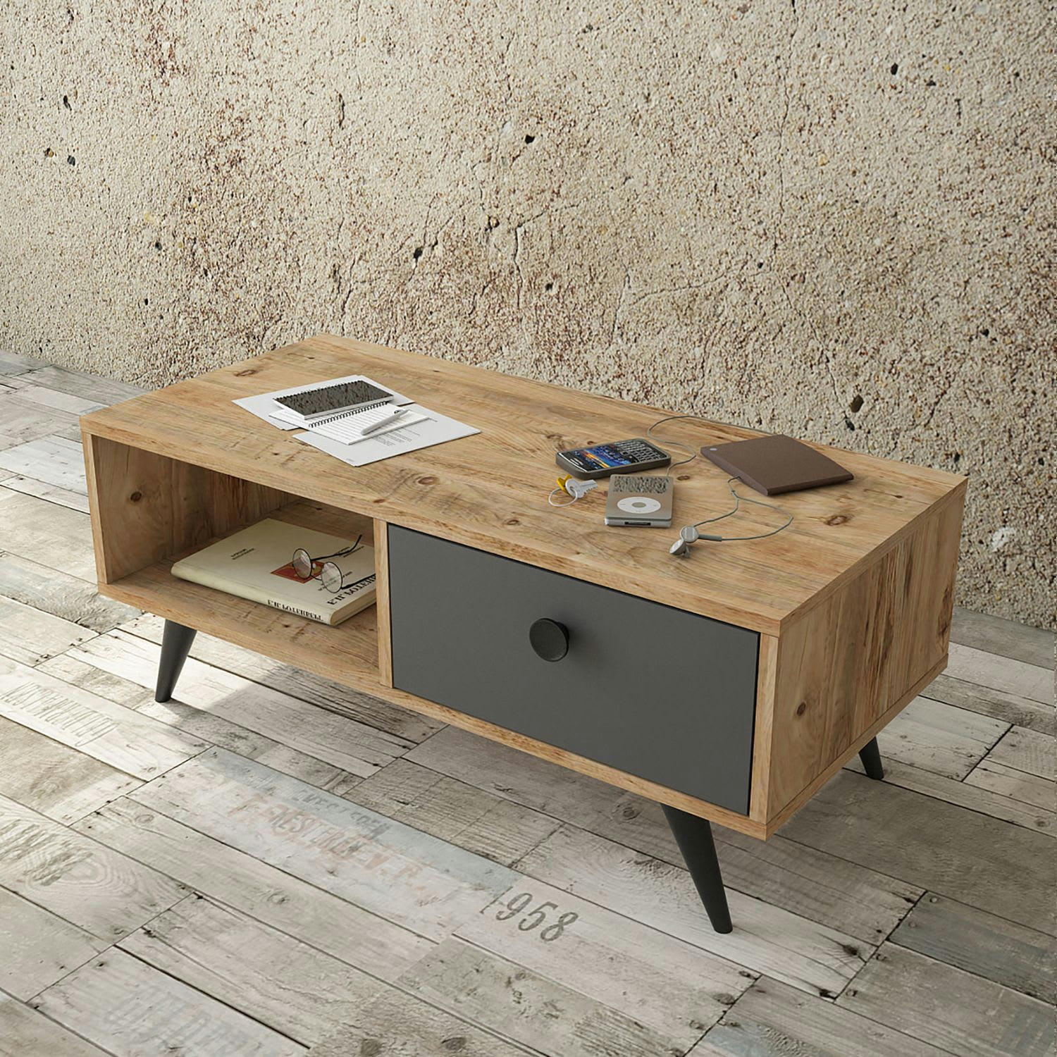 - Table basse avec 1 niche de rangement et 1 tiroir en panneaux de