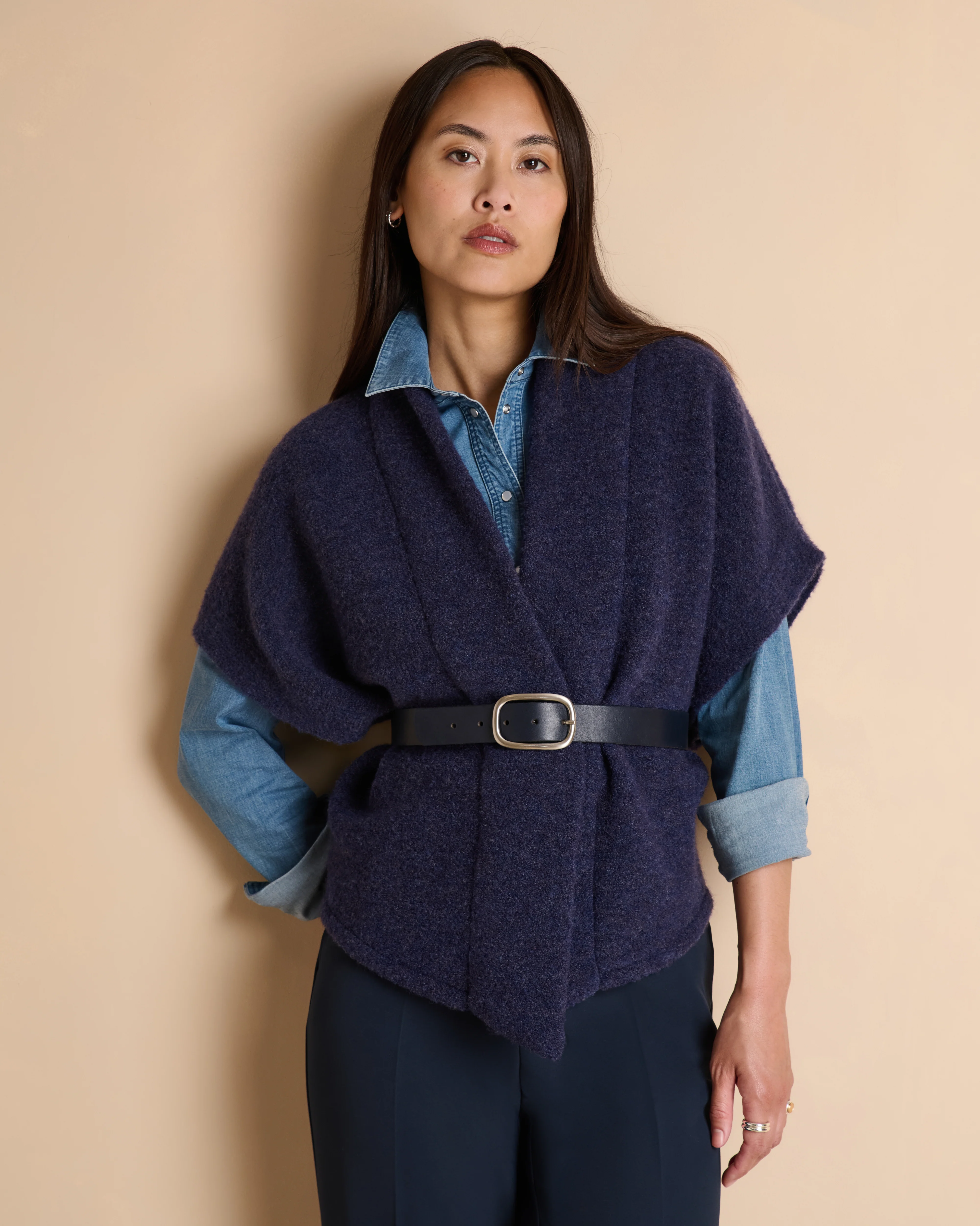 Gilet bleu marine oversize col châle sans manches en laine bouclette stretch GIVRE/14064/317